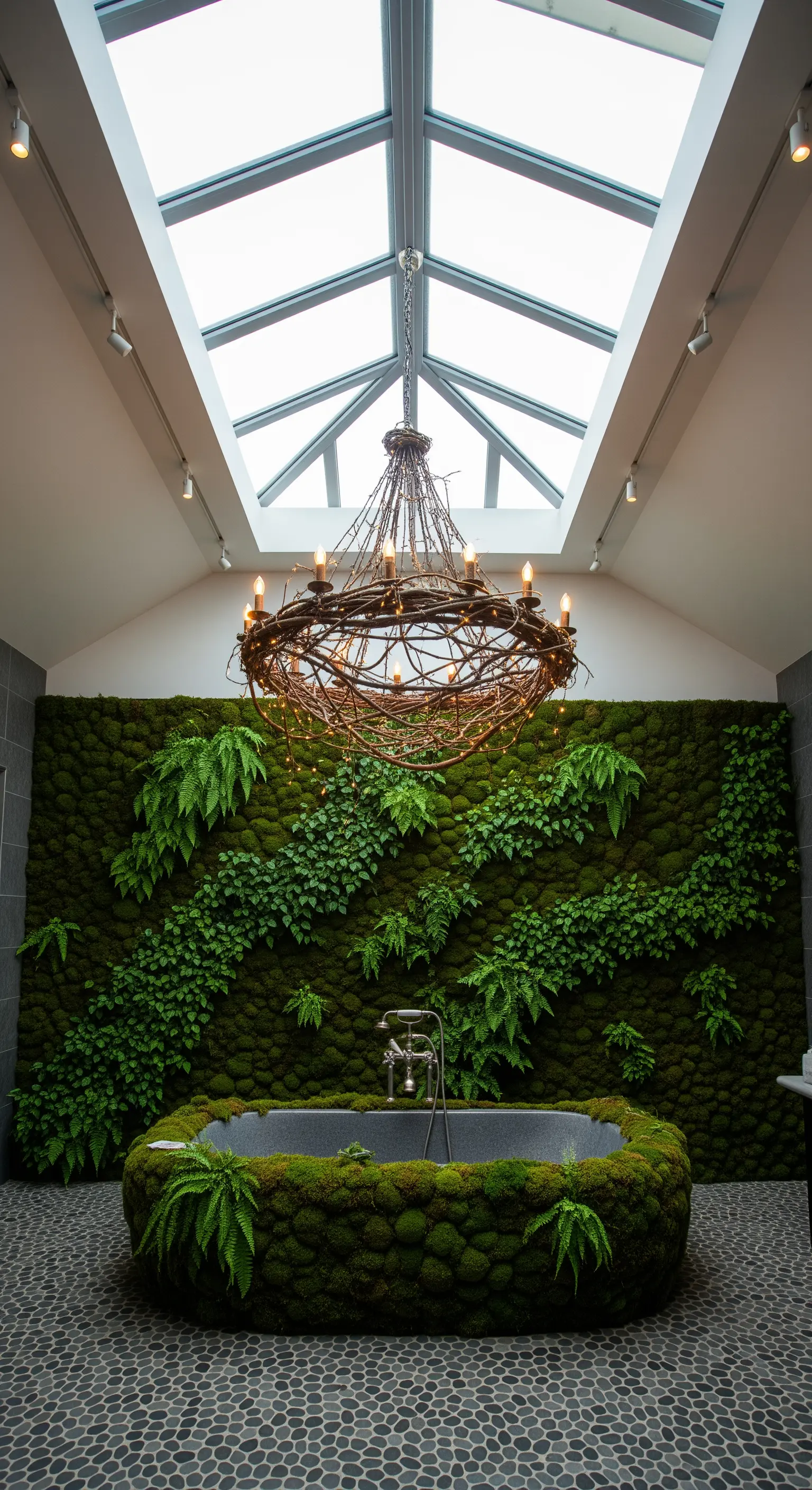 Bagno con una parete verticale di muschio e felci, lampadario a forma di nido e vasca rivestita.