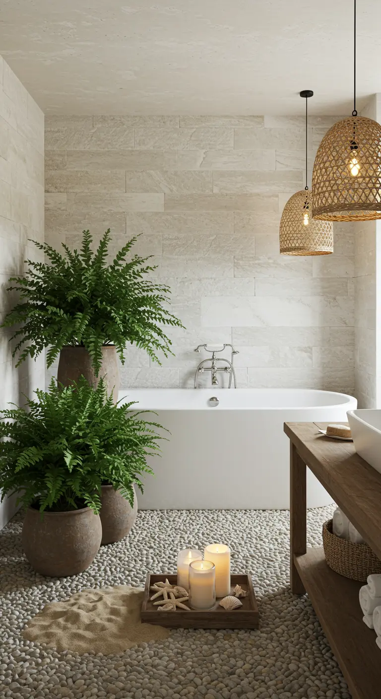 Bagno con pavimento di ciottoli, grandi piante in vaso e lampade in rattan.