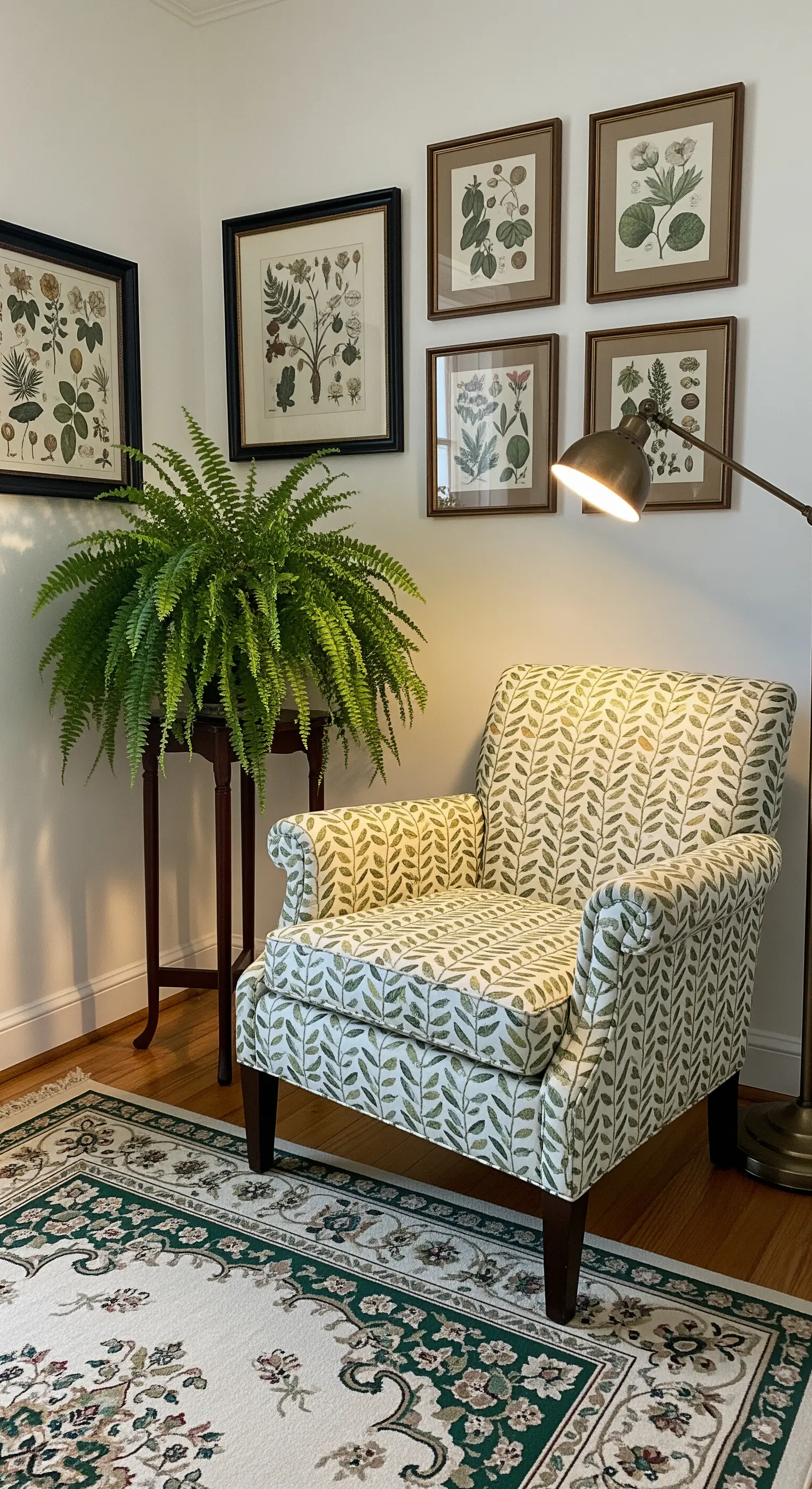 Angolo lettura a tema botanico con poltrona a foglie, stampe di piante e una grande felce in vaso.