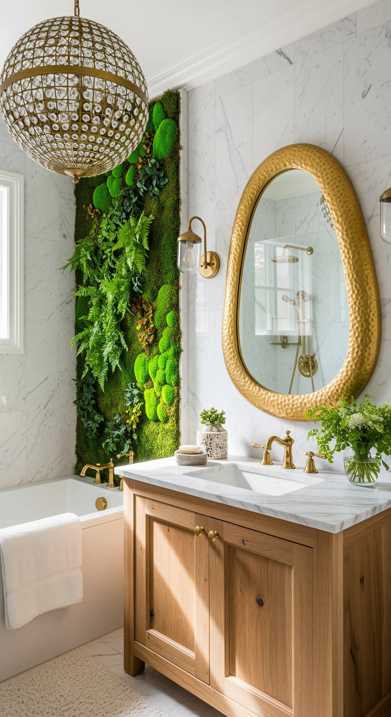 Bagno con una parete verticale di muschio e piante, mobile in legno e specchio ovale dorato.