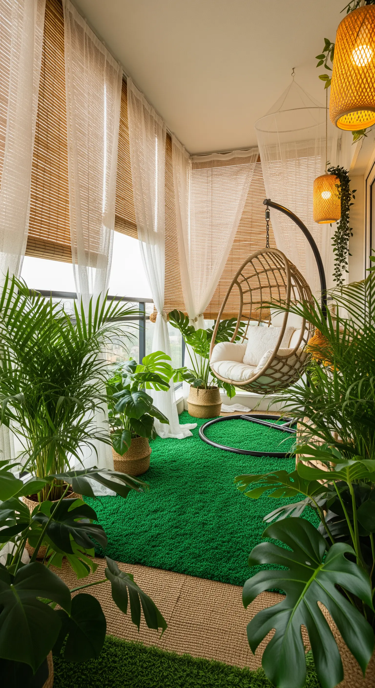 Balcone rigoglioso con molte piante verdi, poltrona sospesa in rattan, tende in bambù e tappeto verde prato.