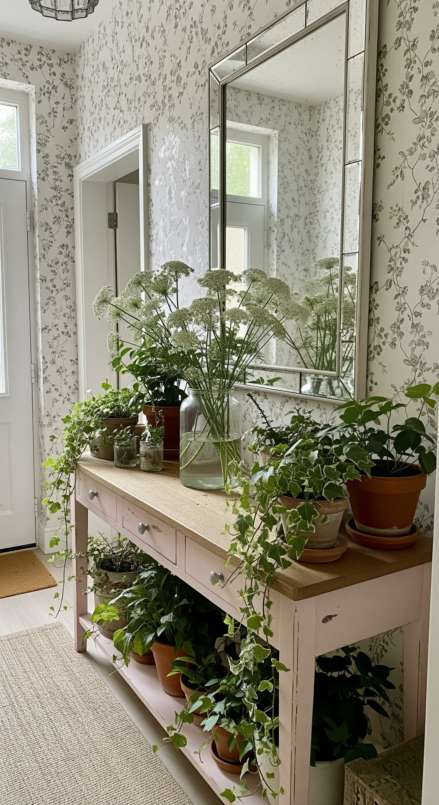 Consolle rosa chiaro con piano in legno, sommersa da piante in vaso di terracotta.