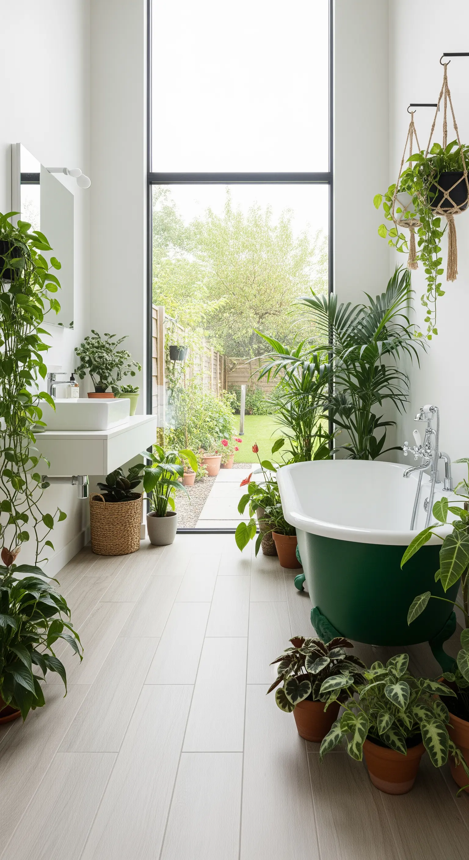 Bagno luminoso con vasca vintage verde circondata da numerose piante e una grande finestra.