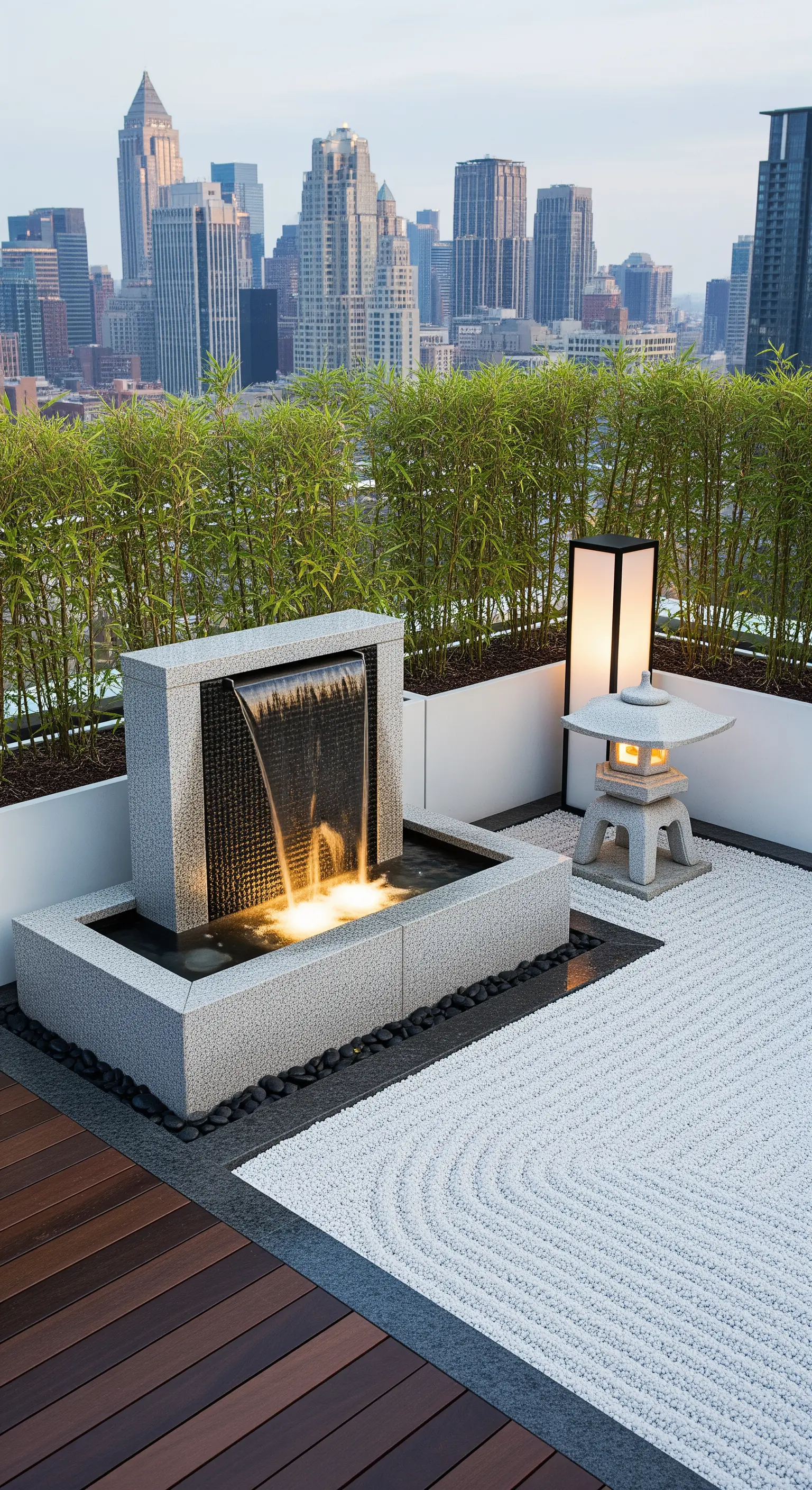 Terrazza panoramica con giardino zen, fontana moderna e vista sulla città.