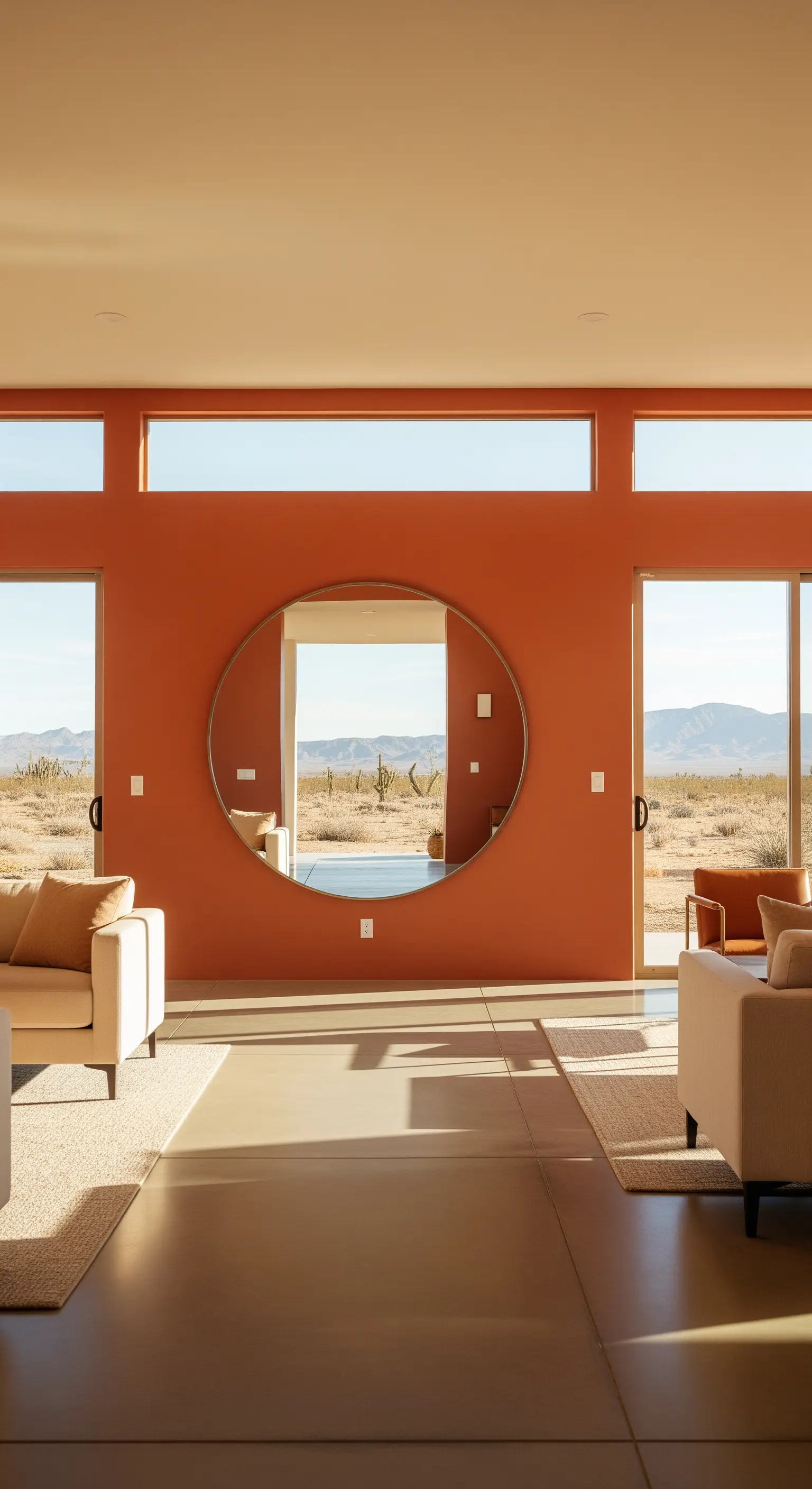 Grande specchio rotondo su una parete color terracotta che riflette un paesaggio desertico.