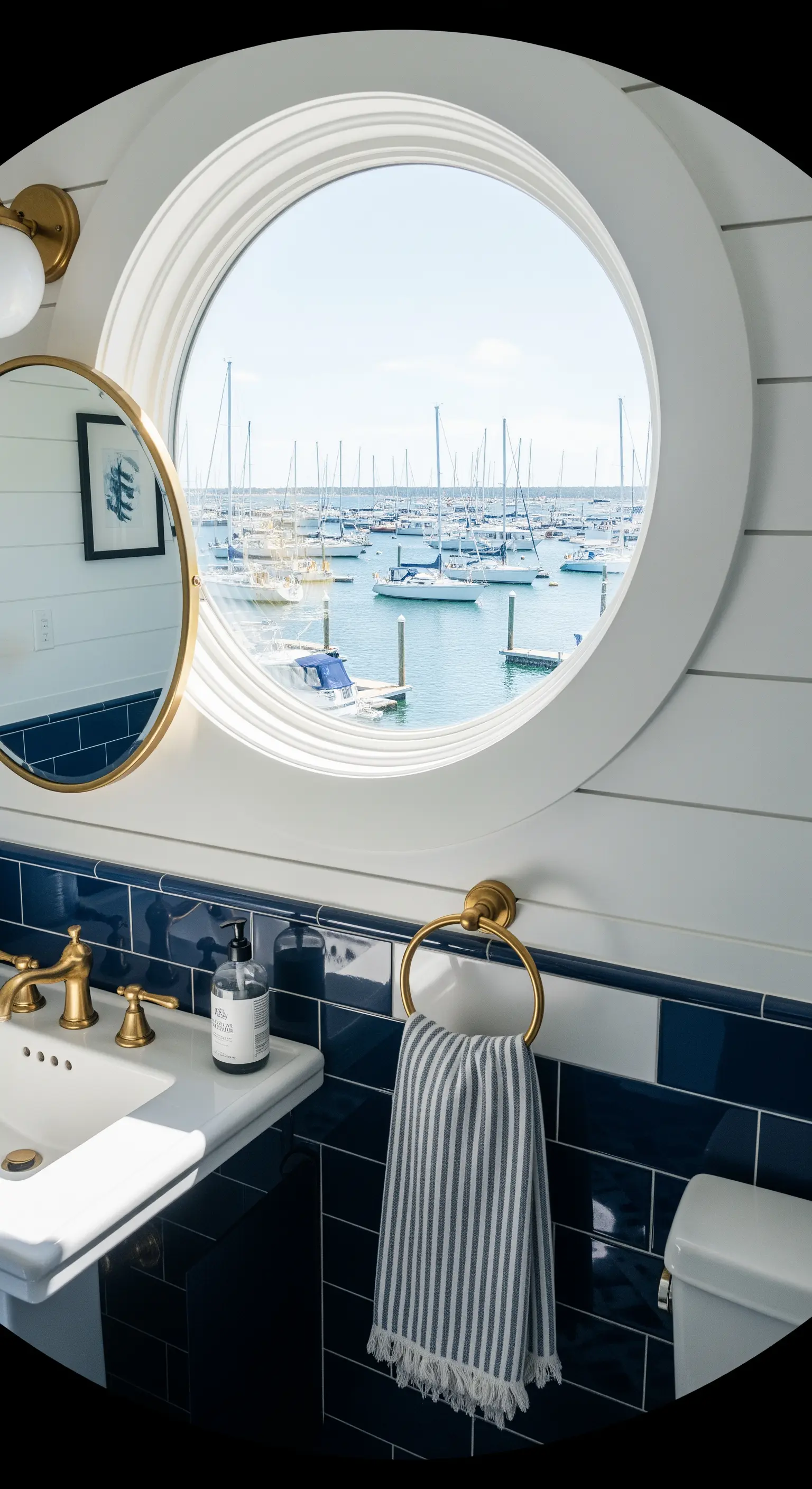 Bagno in stile nautico con finestra a oblò che si affaccia su un porto, piastrelle blu e ottone.