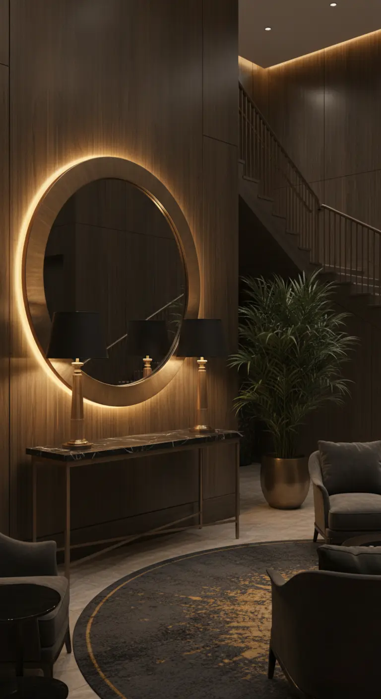 Specchio rotondo retroilluminato su una boiserie in legno scuro in un ambiente elegante.
