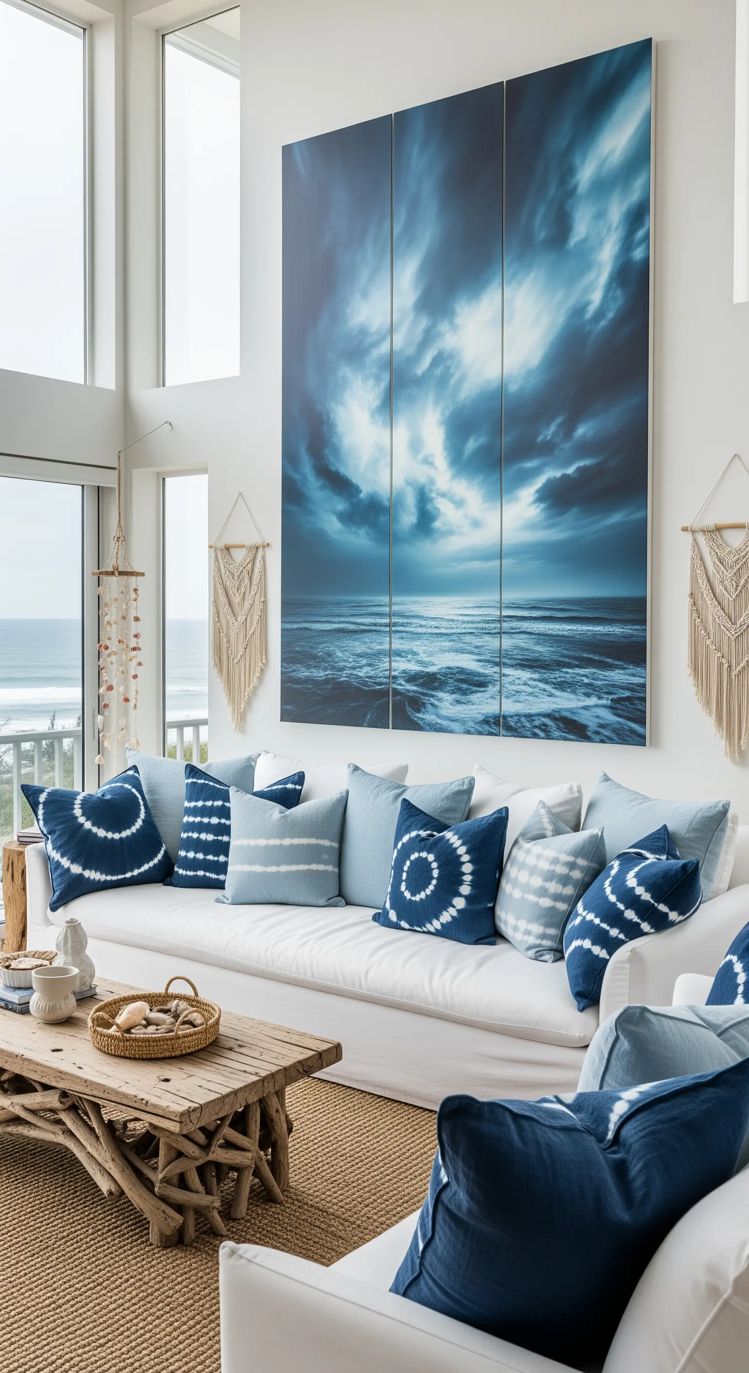 Grande quadro di un mare in tempesta sopra un divano bianco con cuscini blu tie-dye.
