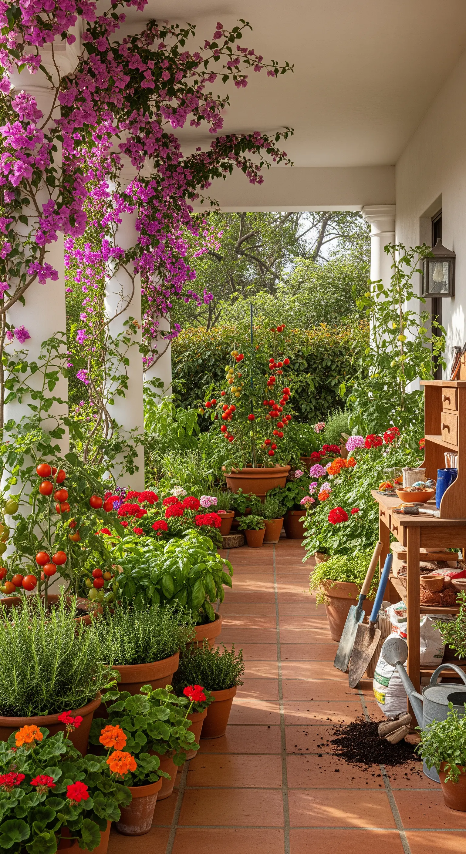 Portico trasformato in orto con vasi di pomodori, basilico, gerani e attrezzi da giardinaggio