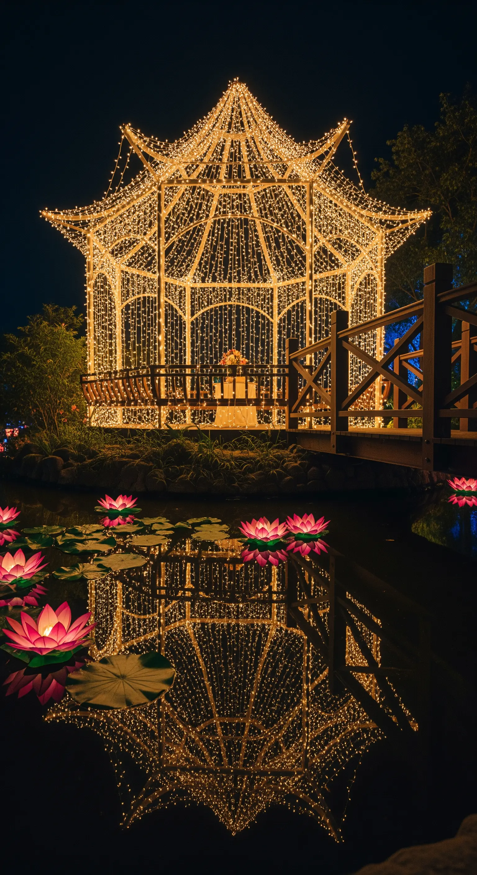 Gazebo interamente ricoperto di lucine scintillanti, riflesso in un laghetto di notte.