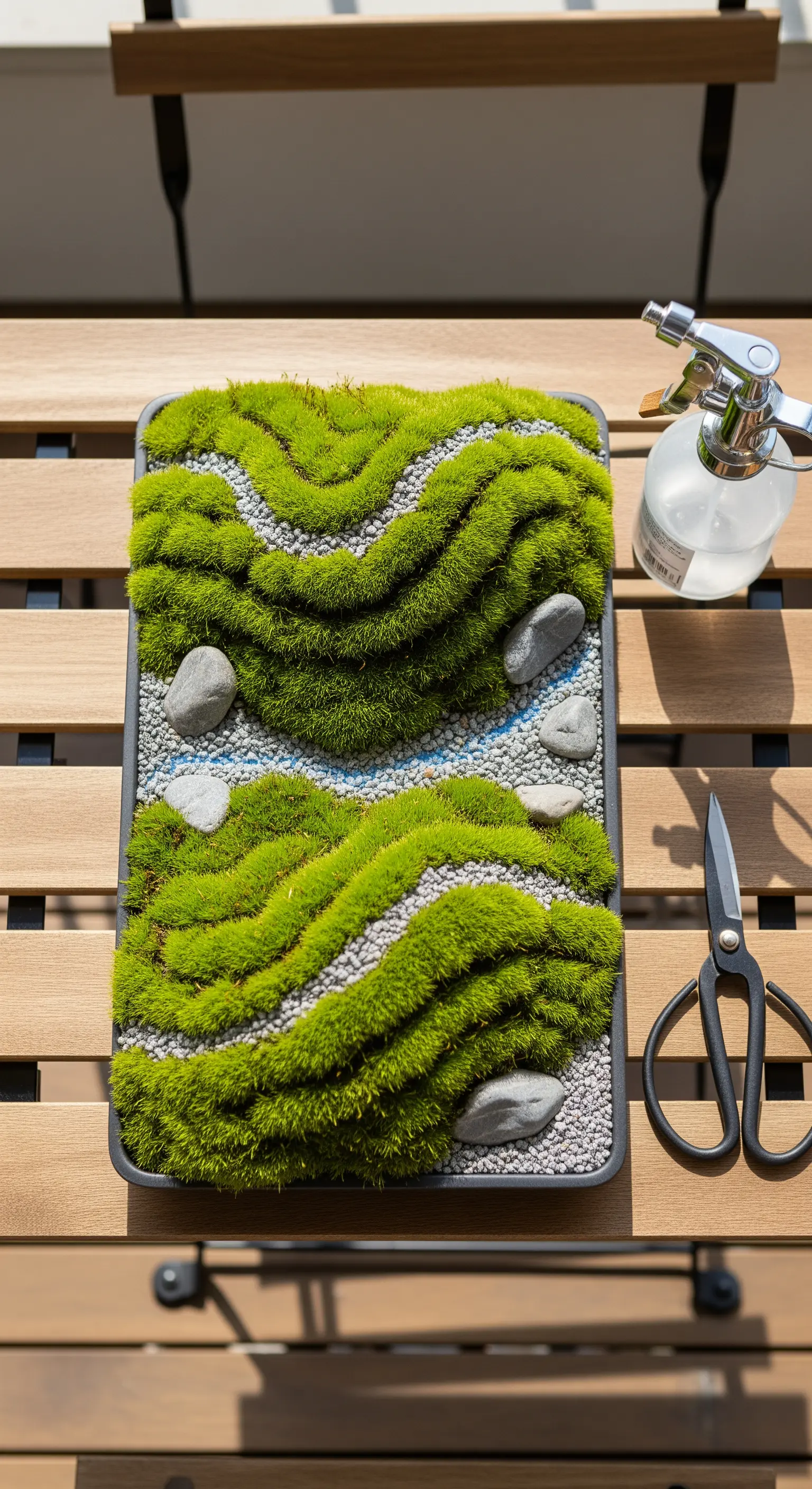 Giardino di muschio fai-da-te in un vassoio, con colline verdi e piccole pietre.