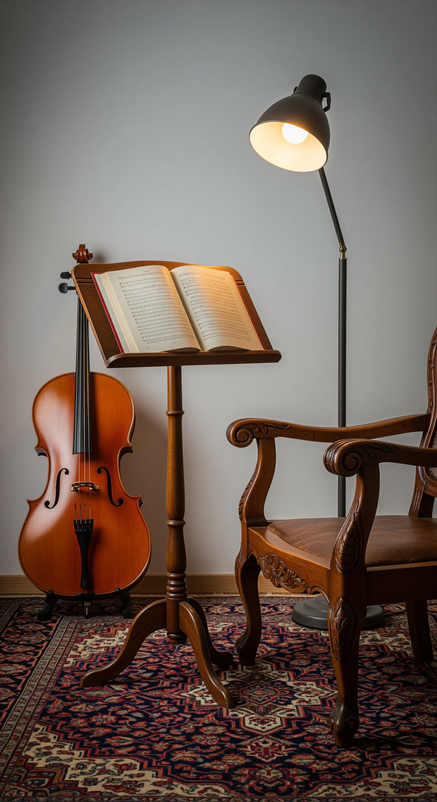 Angolo dedicato alla musica con un violoncello, un leggio con spartito e una sedia classica in legno.