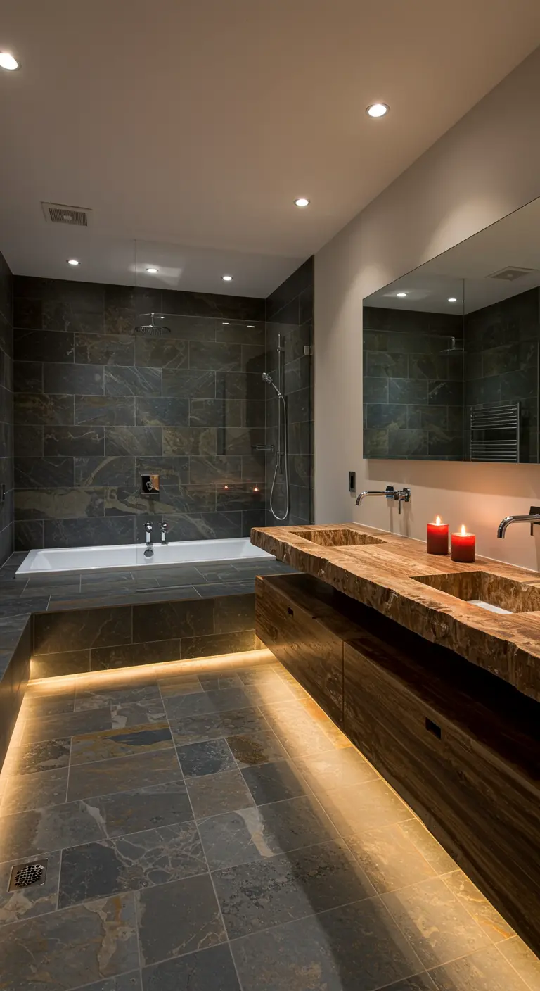 Bagno con lavabo in legno e vasca incassata, entrambi illuminati da strisce LED alla base.