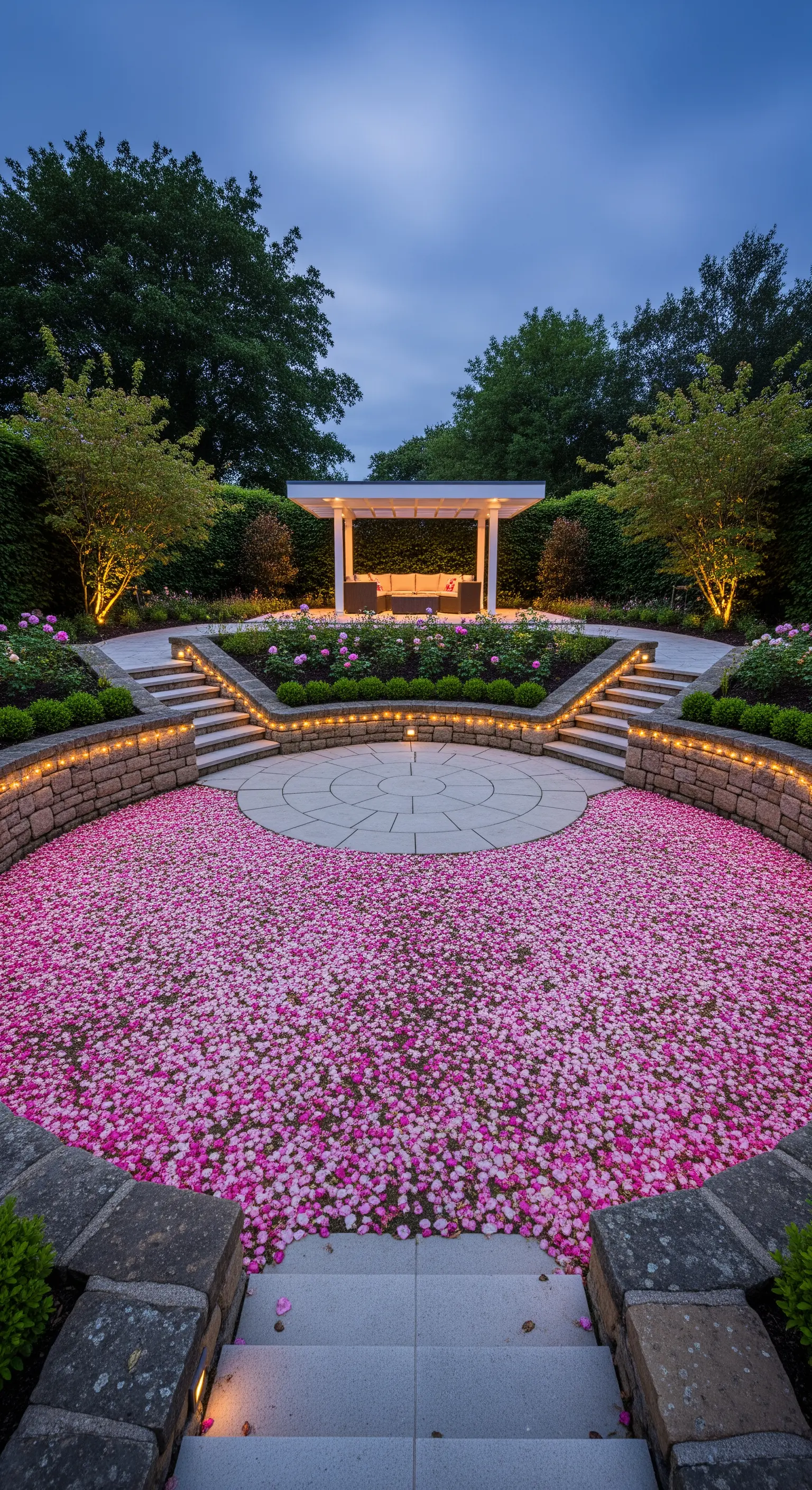 Giardino a più livelli con pergola, gradini in pietra e un'area circolare piena di petali.