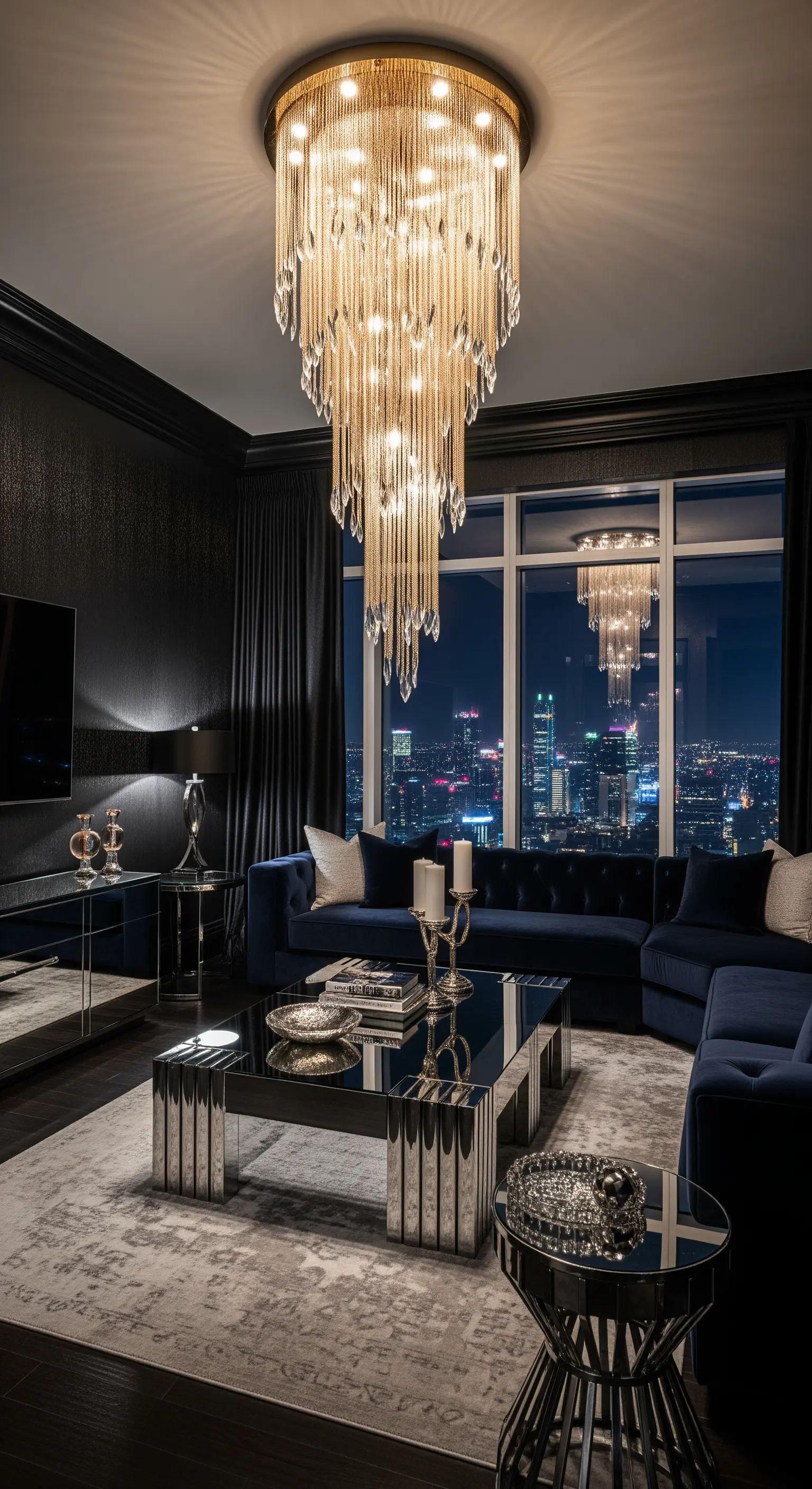 Salotto di lusso con vista sulla città, pareti scure e lampadario a cascata.