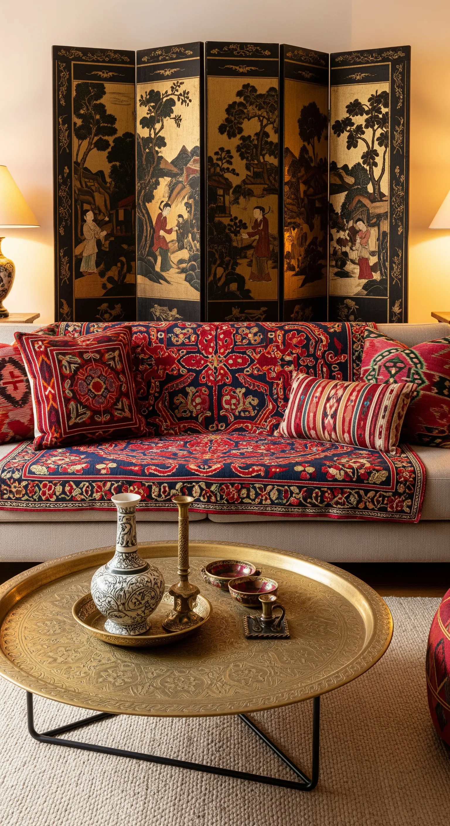 Divano neutro con alle spalle un paravento Chinoiserie laccato nero e oro e un tavolino in ottone.