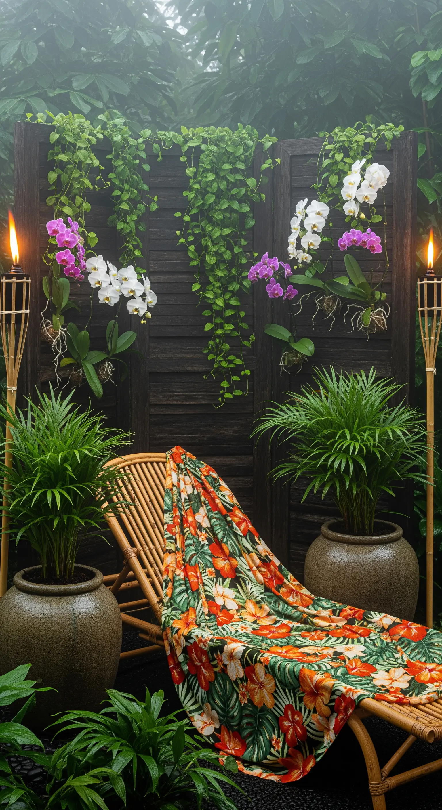 Chaise longue in bambù con telo fiorato, circondata da orchidee e torce tiki.