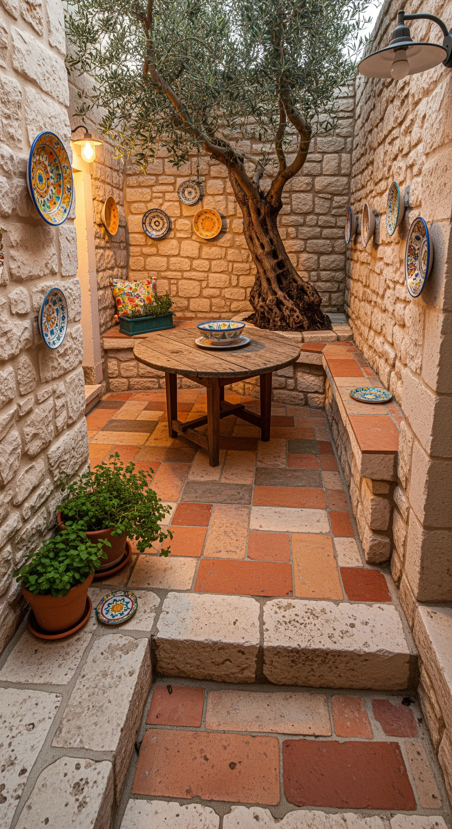 Piccolo patio in pietra con tavolo tondo in legno, panca in muratura e ceramiche colorate.