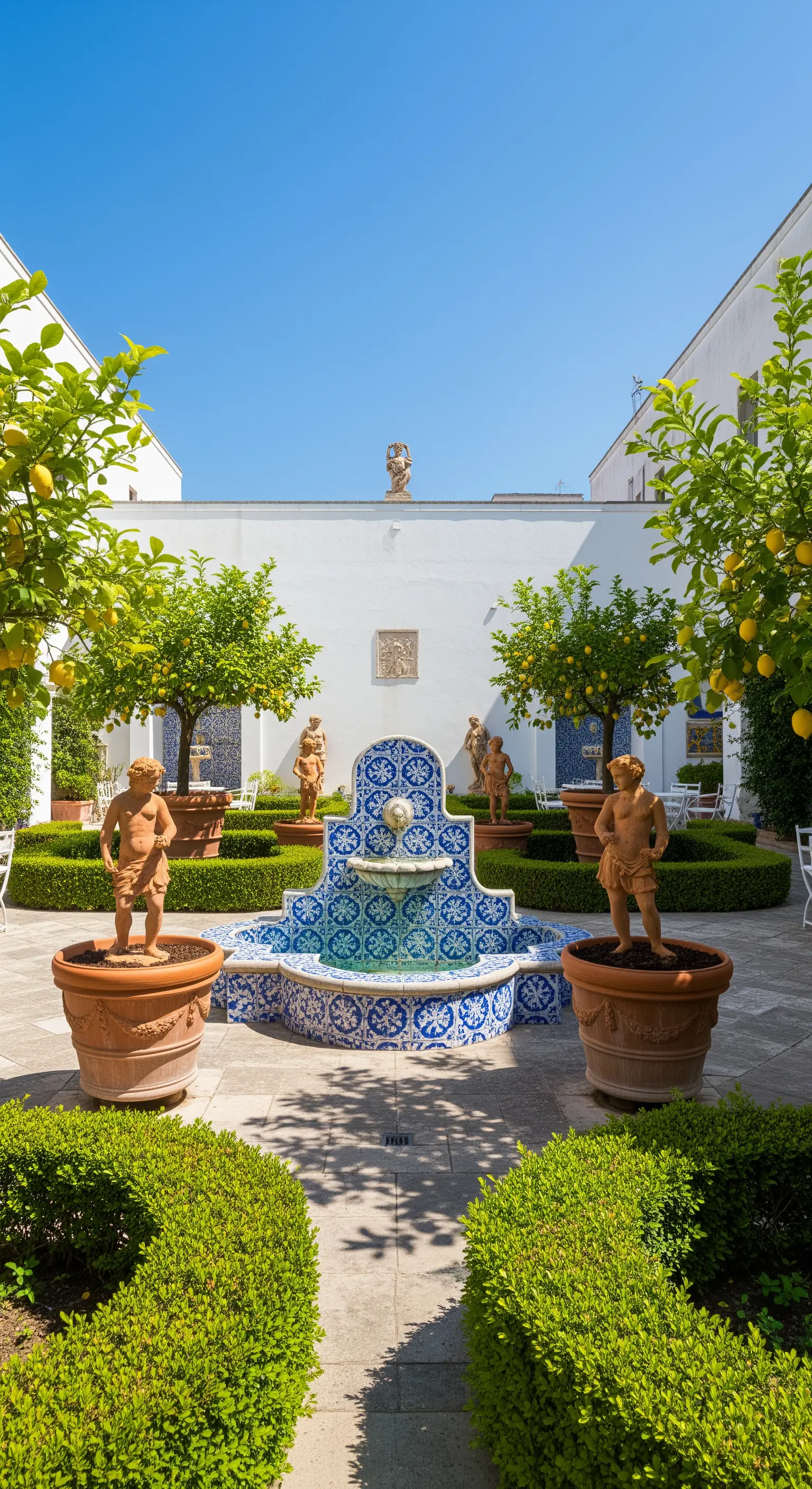 Patio con fontana in maiolica blu, statue di terracotta e alberi di limoni in grandi vasi.