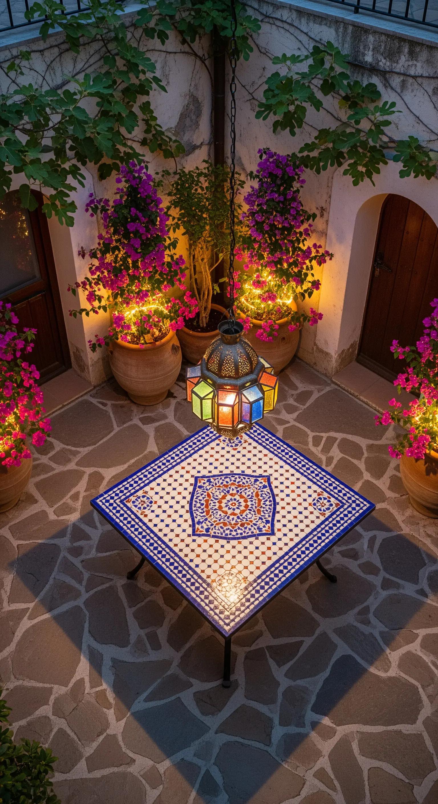 Cortile con tavolo a mosaico centrale, lanterne e vasi con bouganville.