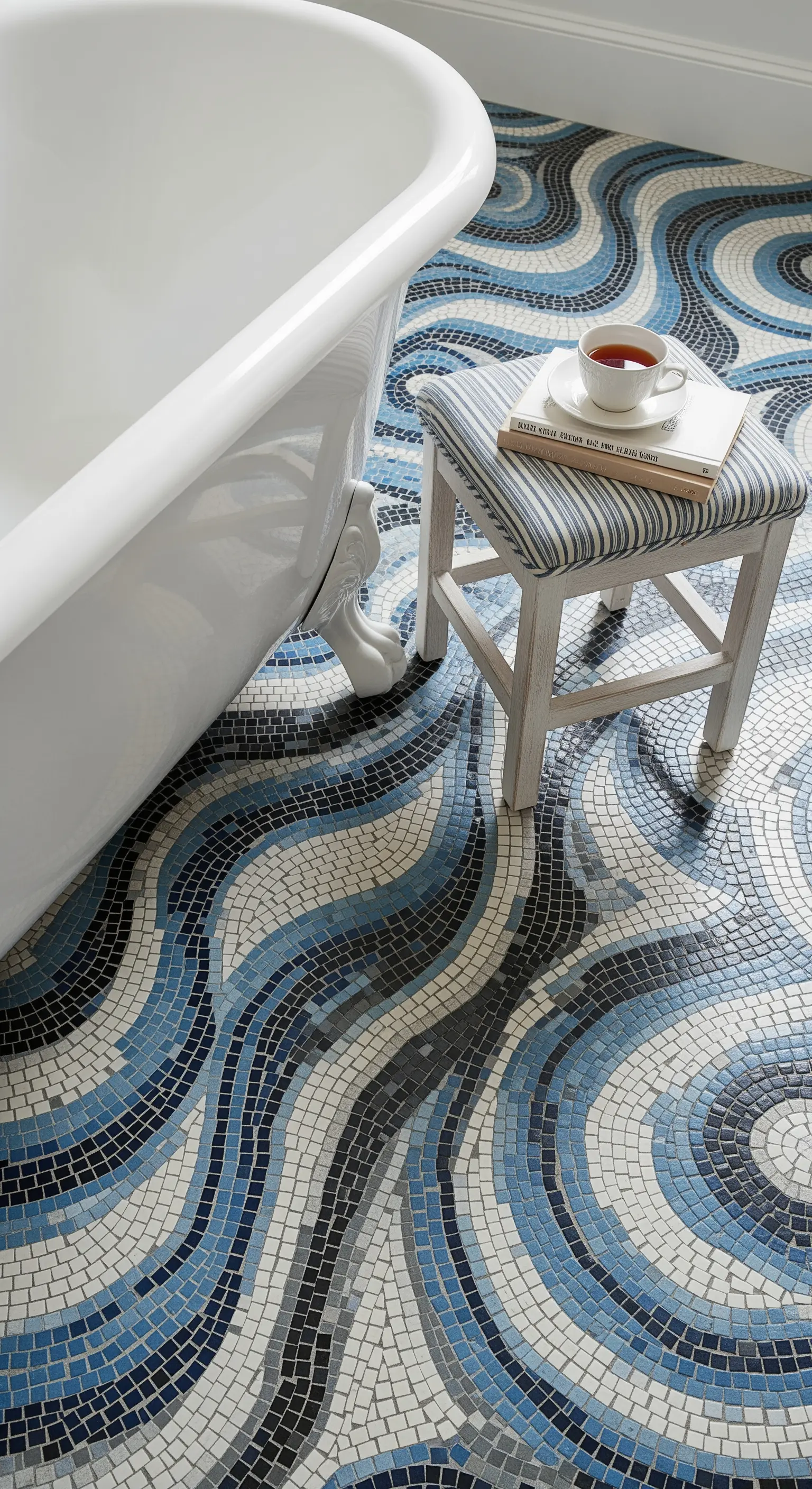 Dettaglio di una vasca freestanding su un pavimento a mosaico con motivo a onde blu.