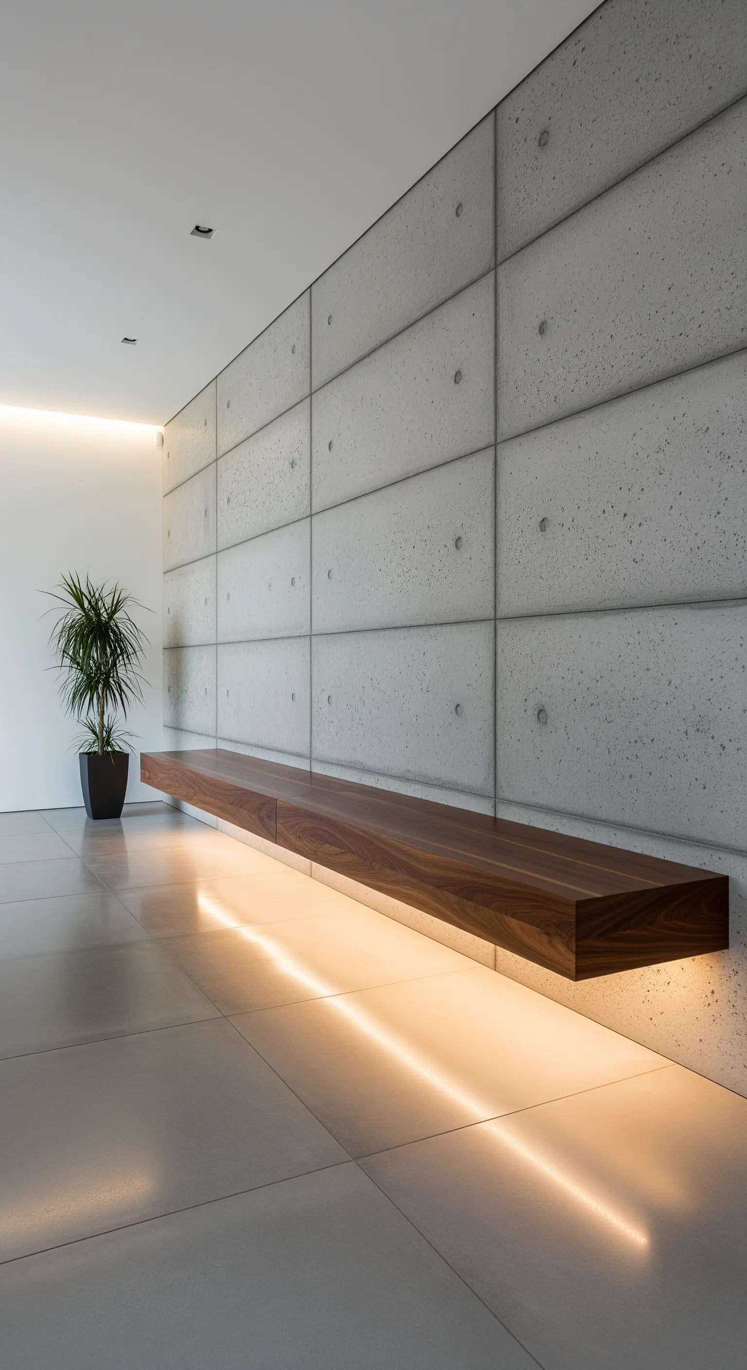 Panca sospesa in legno in un corridoio con parete a pannelli di cemento.