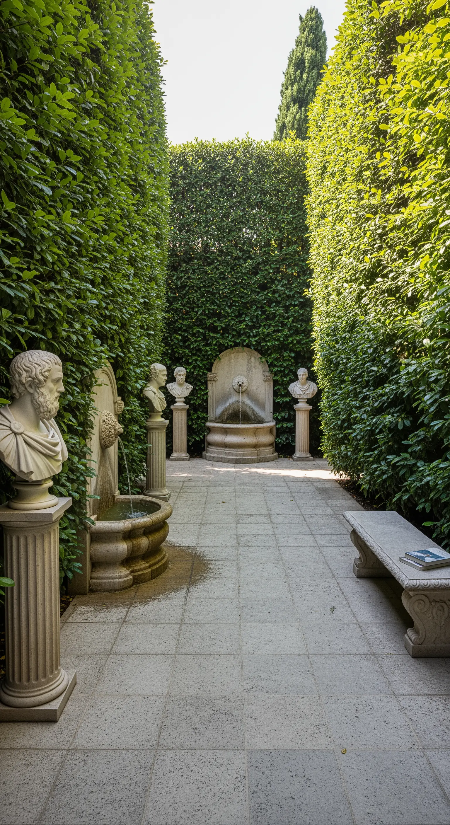 Vialetto in un giardino formale fiancheggiato da busti su colonne e piccole fontane.