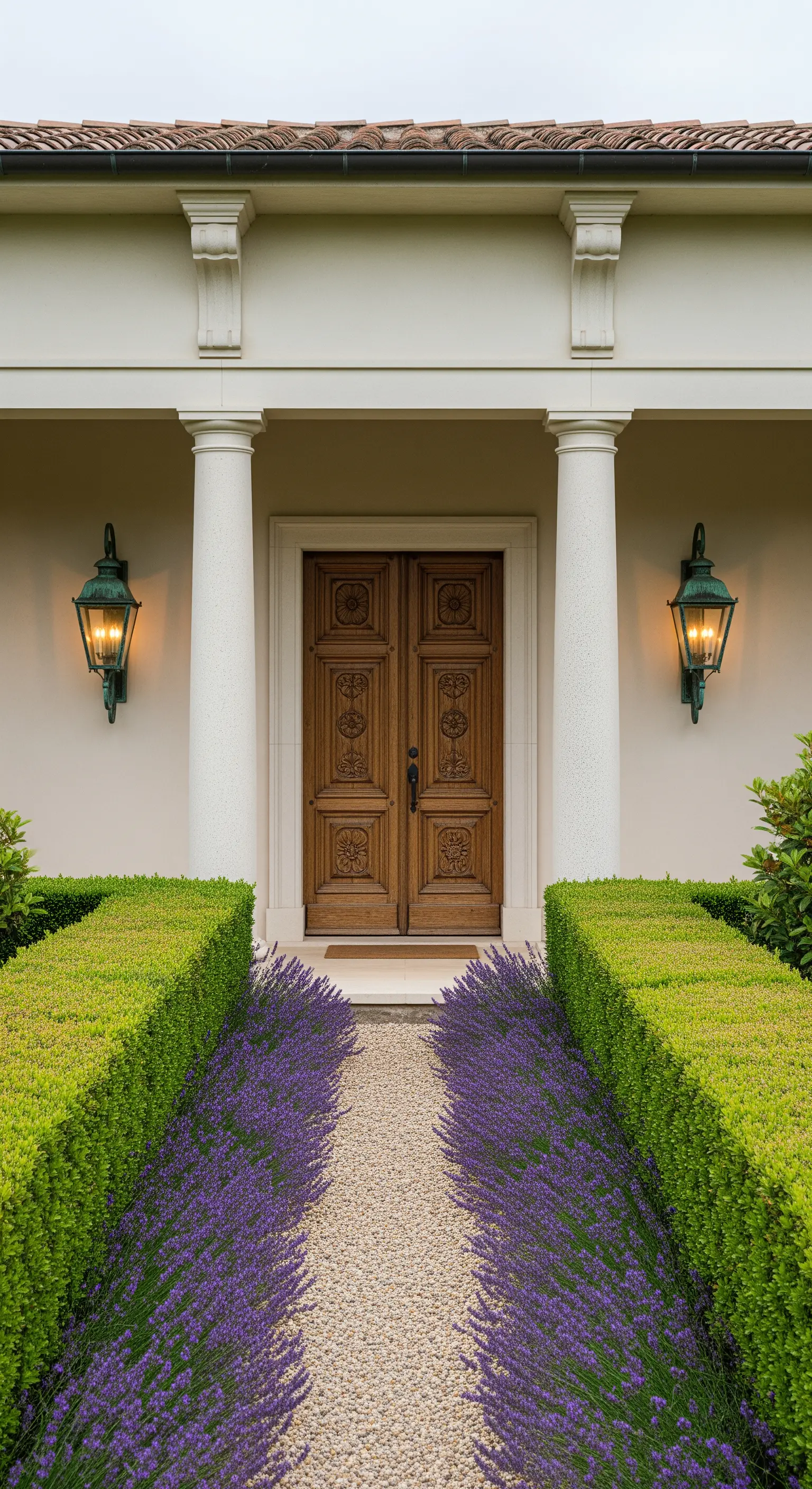 Viale di ghiaia che porta a un portico con colonne, fiancheggiato da bordure di lavanda.