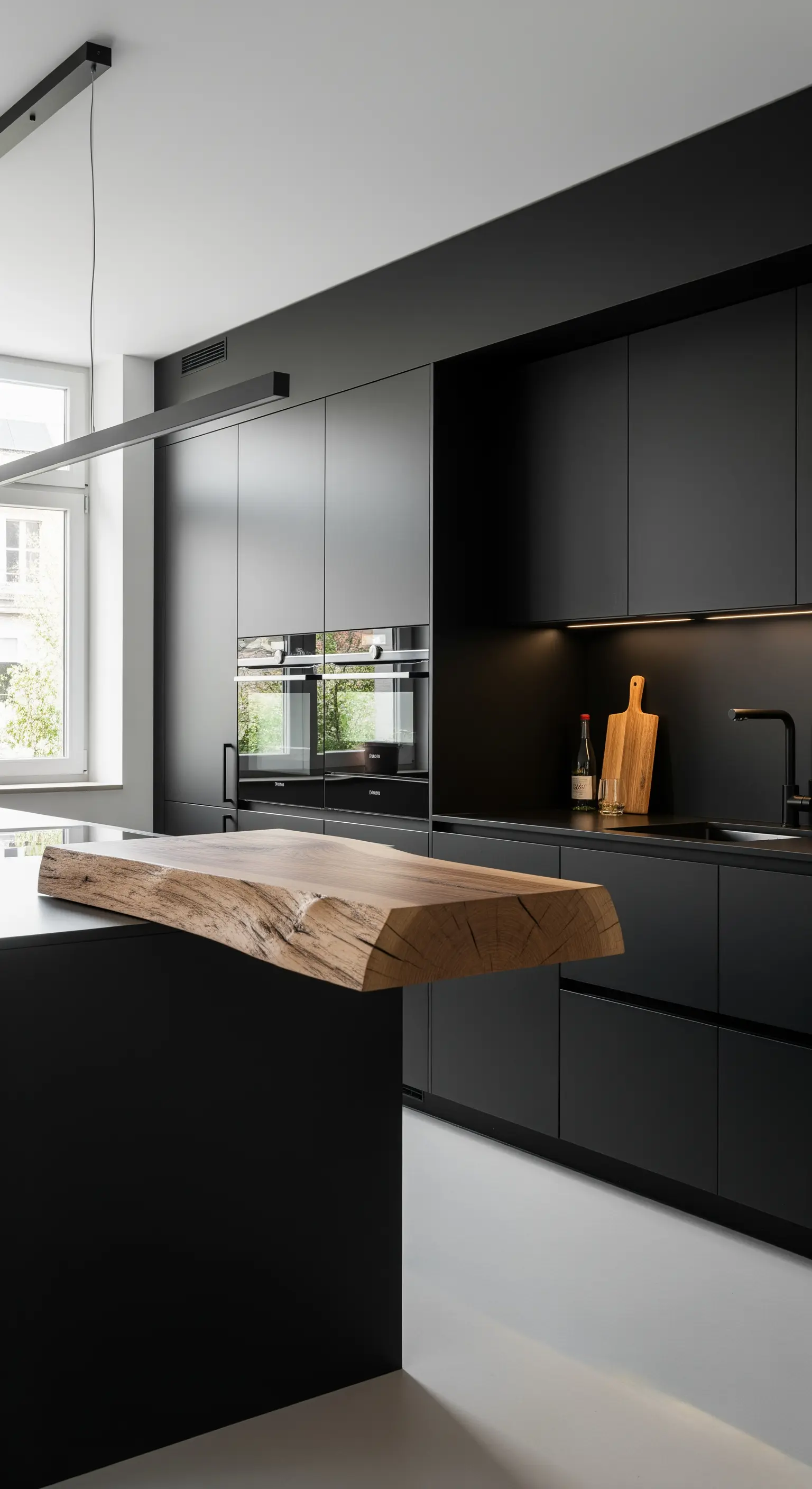 Cucina minimalista total black con un piano snack in legno massello a sbalzo sull'isola.