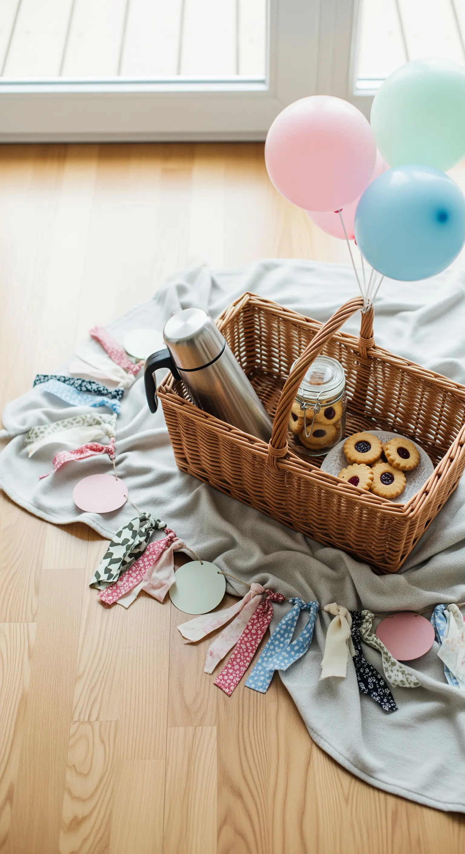 Picnic indoor con coperta, cesto di vimini, biscotti e palloncini color pastello.