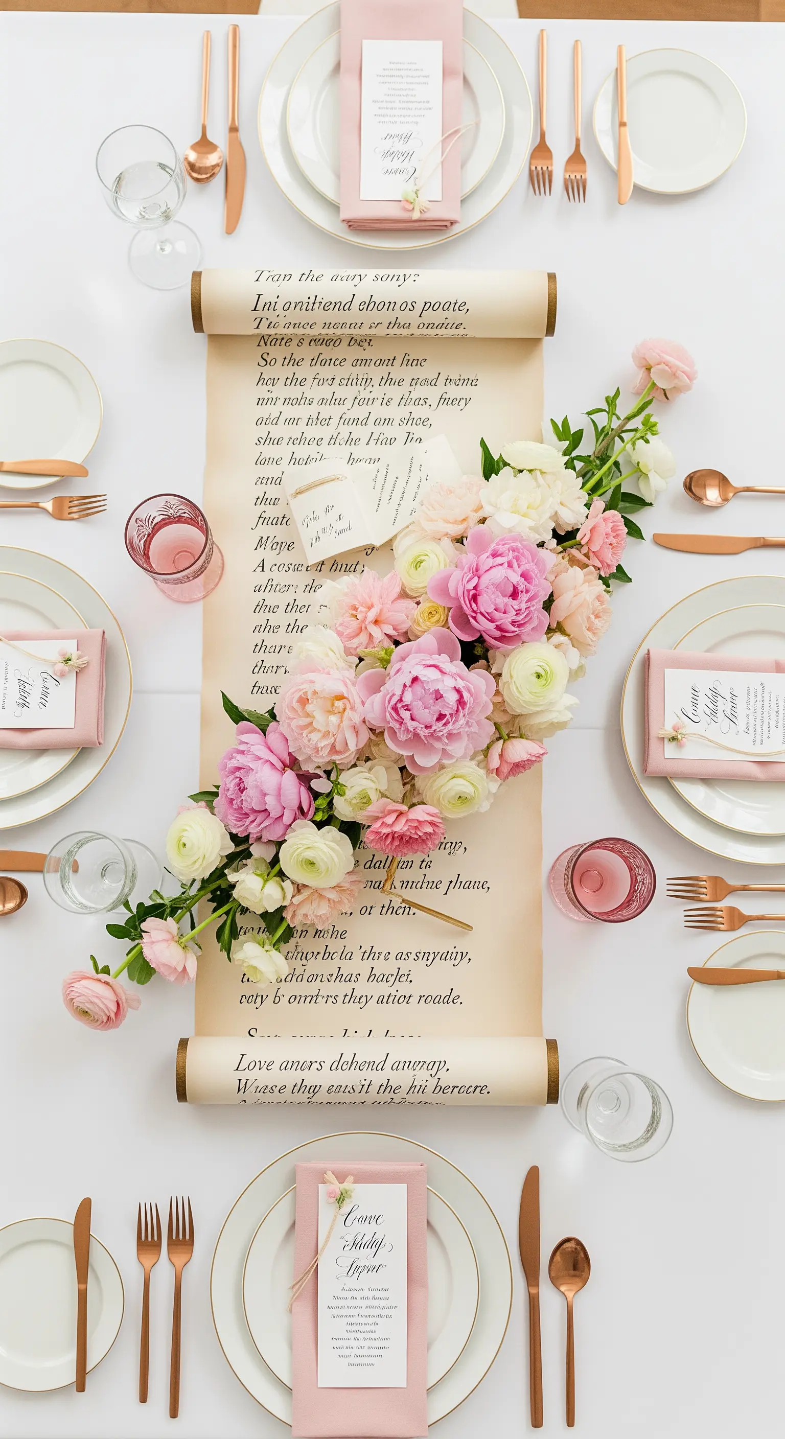 Runner da tavola a forma di pergamena con un poema, decorato con peonie rosa.
