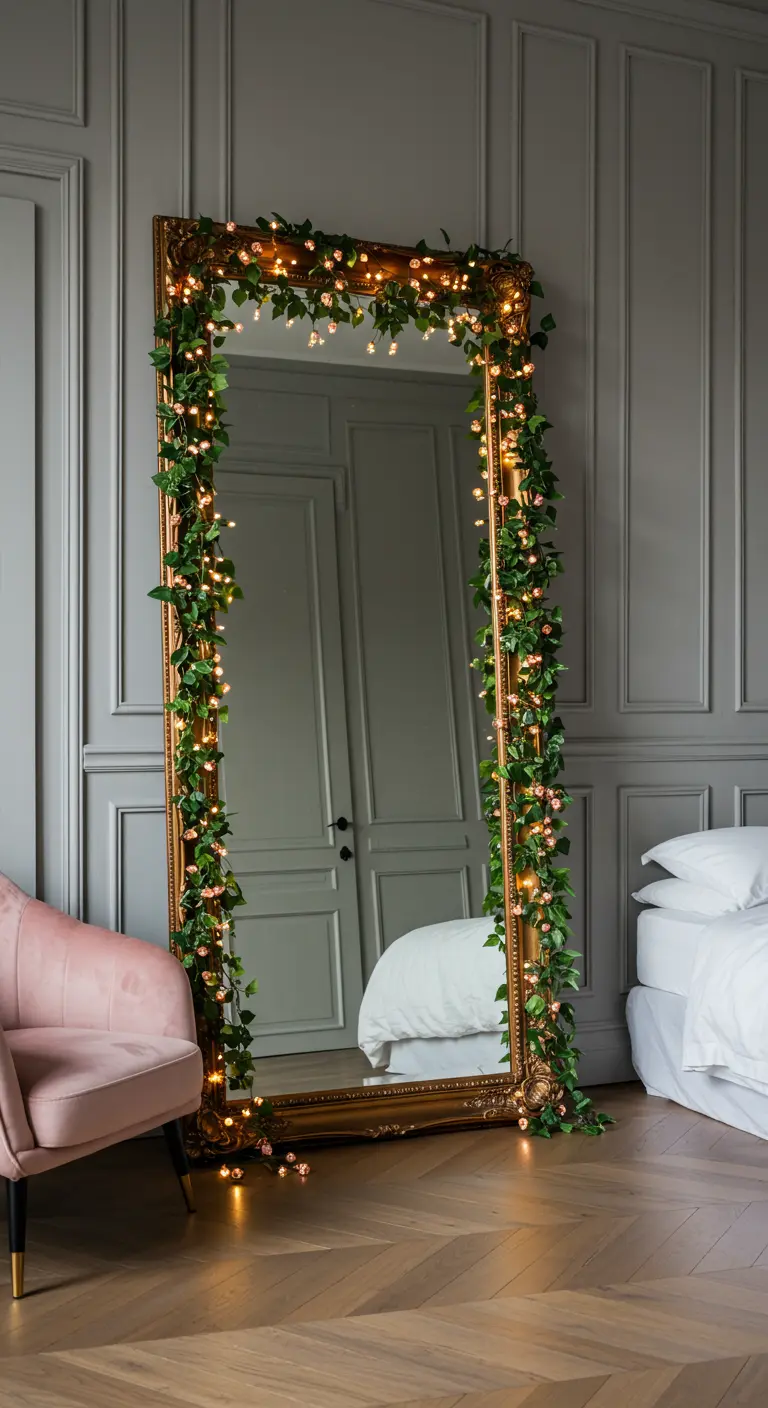 Grande specchio con cornice dorata, avvolto da una ghirlanda di edera e micro-luci.