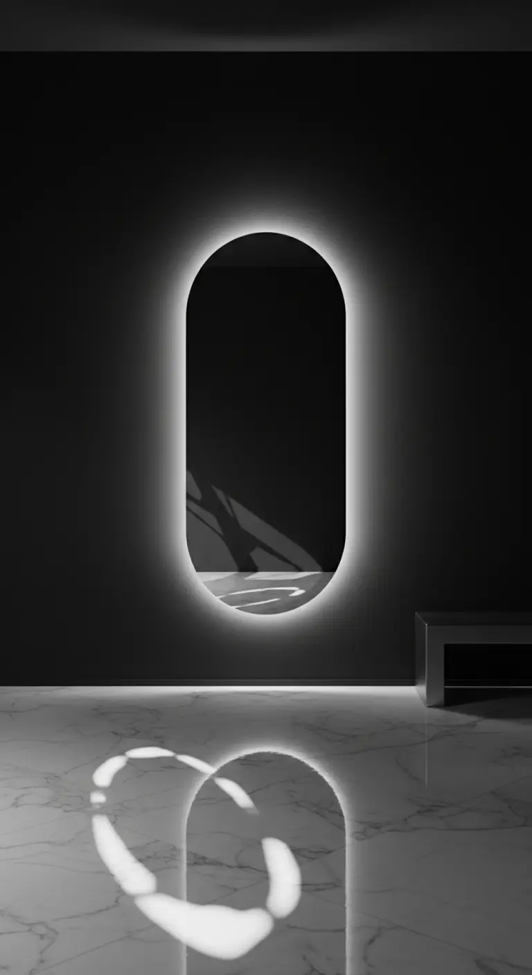 Specchio ovale retroilluminato fluttuante su una parete nera in una stanza buia.