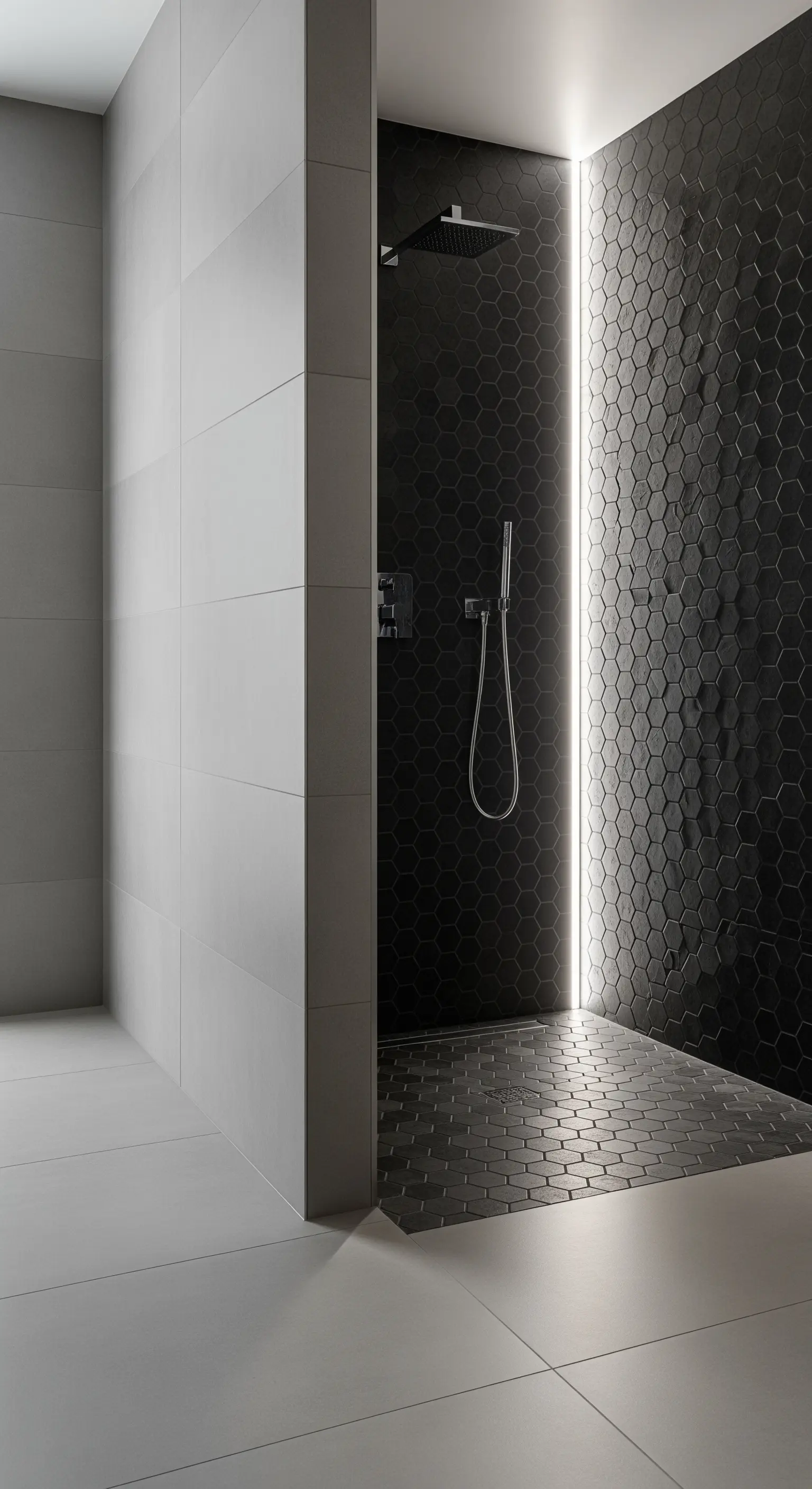 Ingresso della doccia con piastrelle esagonali nere e una striscia di luce LED verticale.