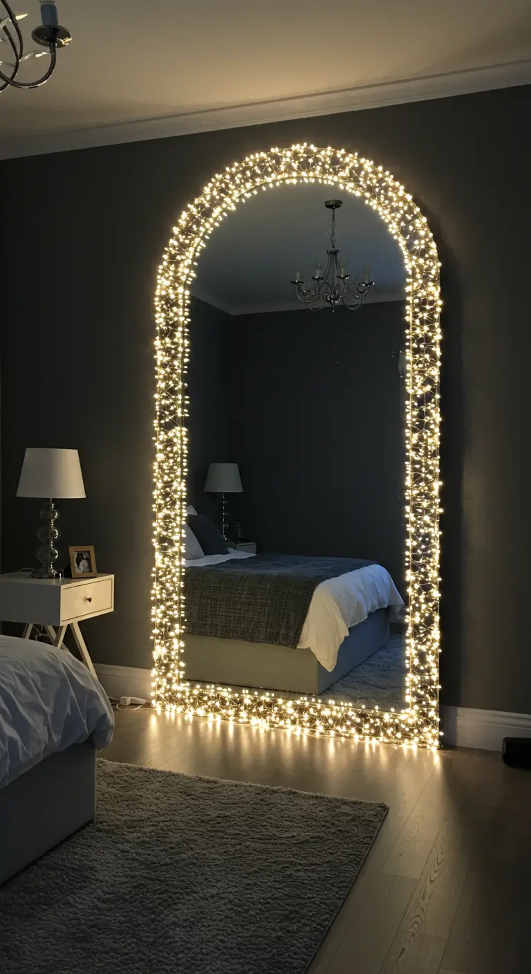 Grande specchio ad arco appoggiato a una parete scura, con la cornice interamente coperta di luci.