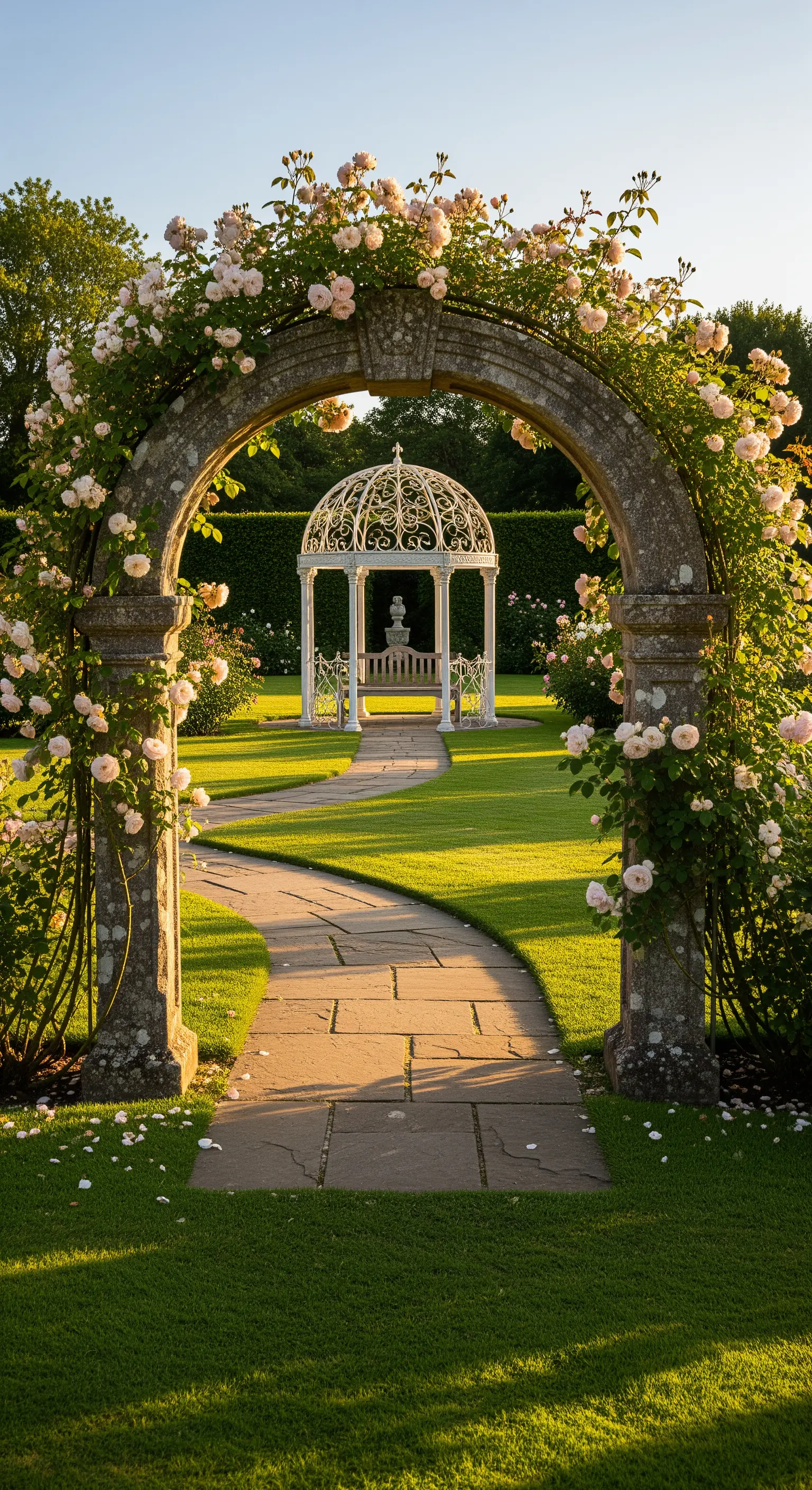 Arco in pietra ricoperto di rose bianche che incornicia un sentiero verso un gazebo bianco.