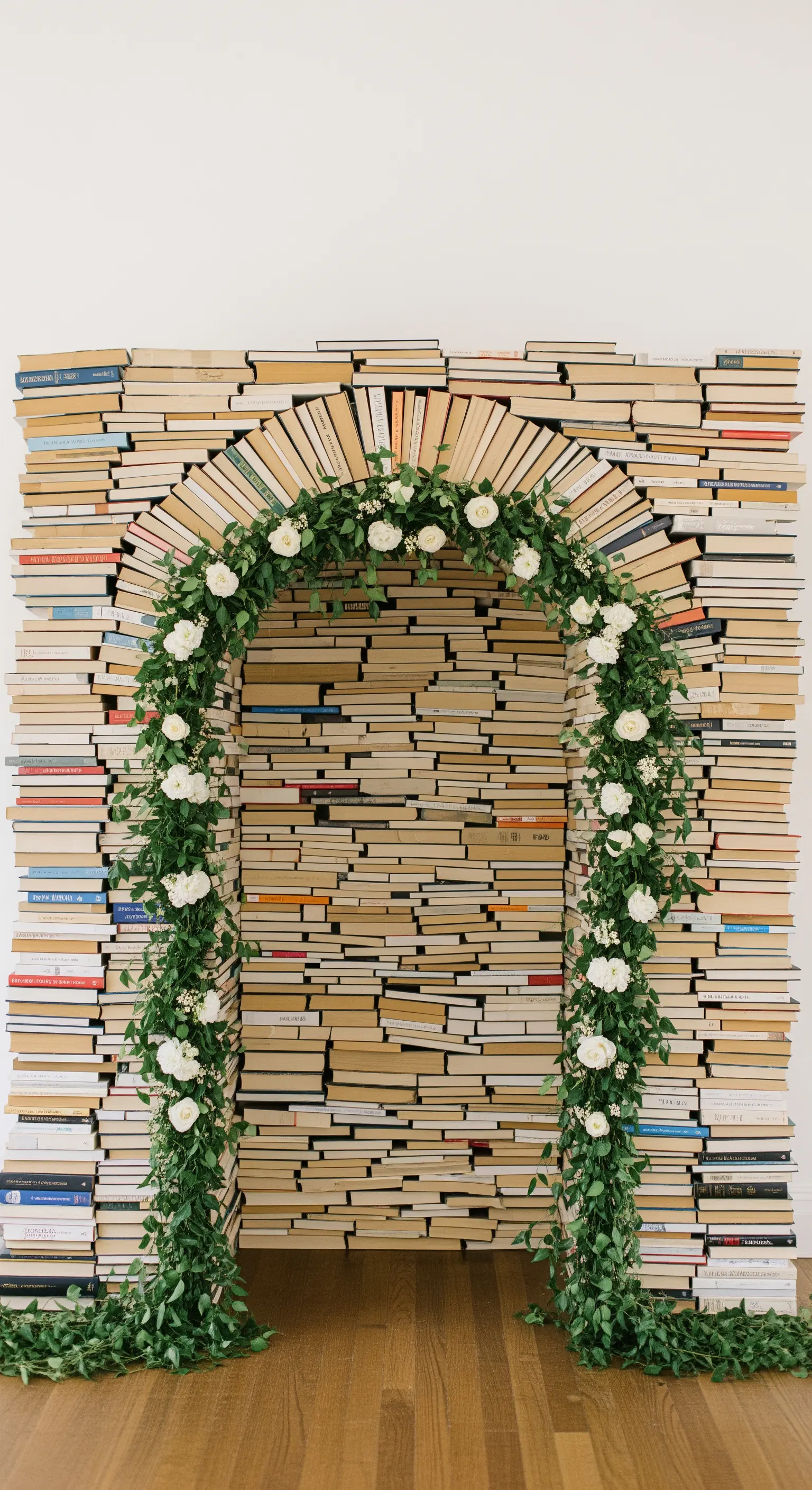 Arco per photo booth interamente costruito con libri impilati e decorato con fiori bianchi.