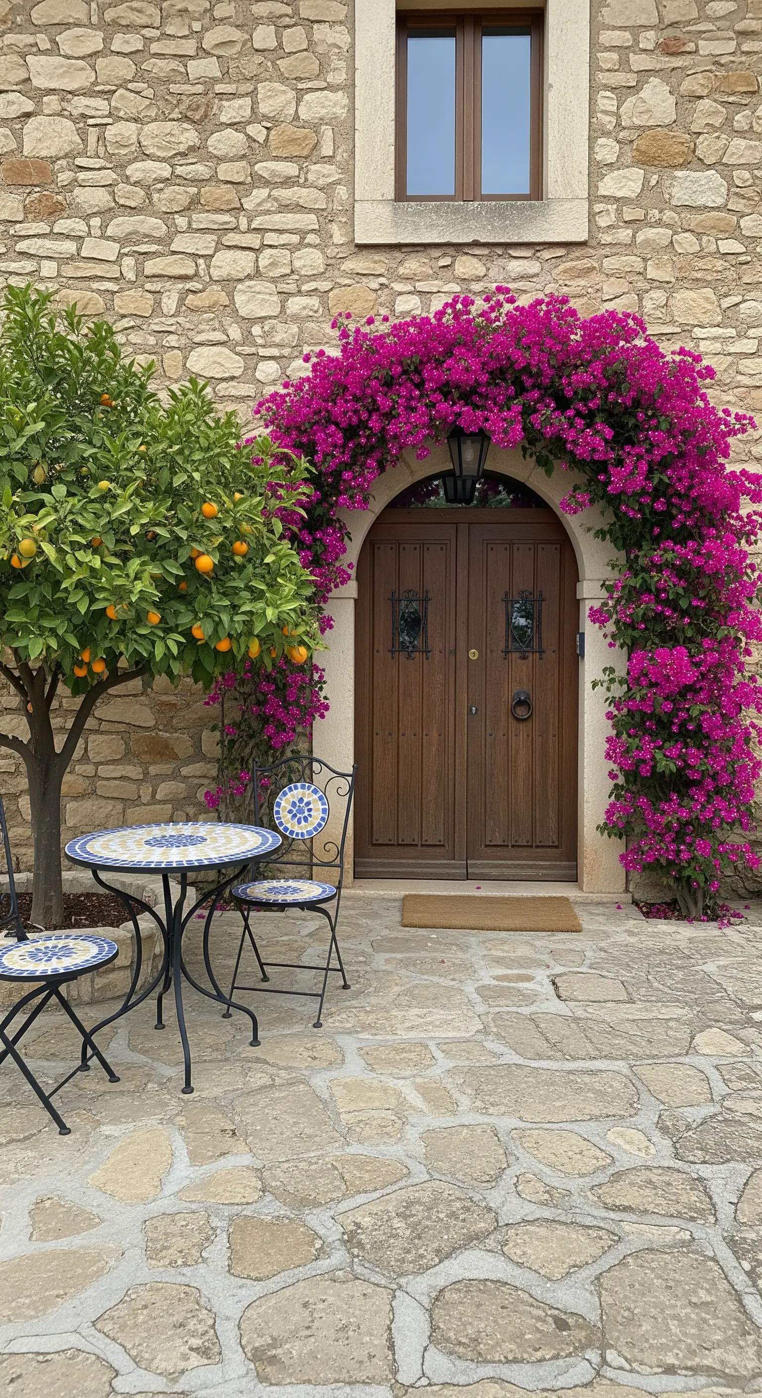 Ingresso di una casa in pietra con porta ad arco in legno incorniciata da bouganville.