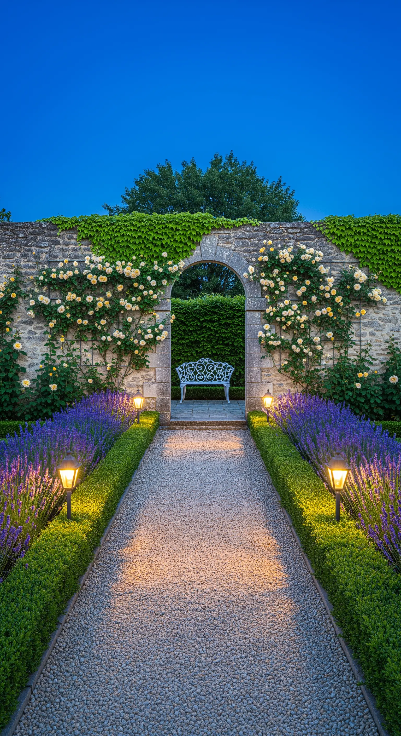 Arco in pietra in un muro antico, coperto di rose gialle, che si apre su un giardino formale.