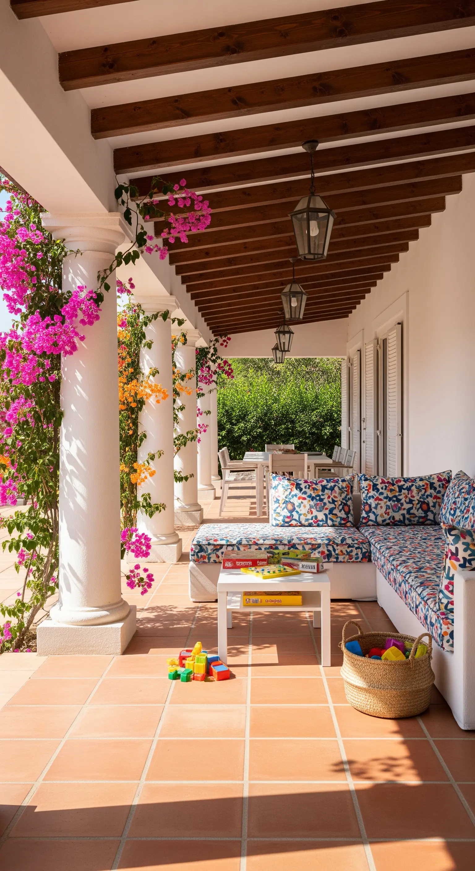 Portico con divano colorato, cesto di vimini e giochi per bambini sparsi sul pavimento