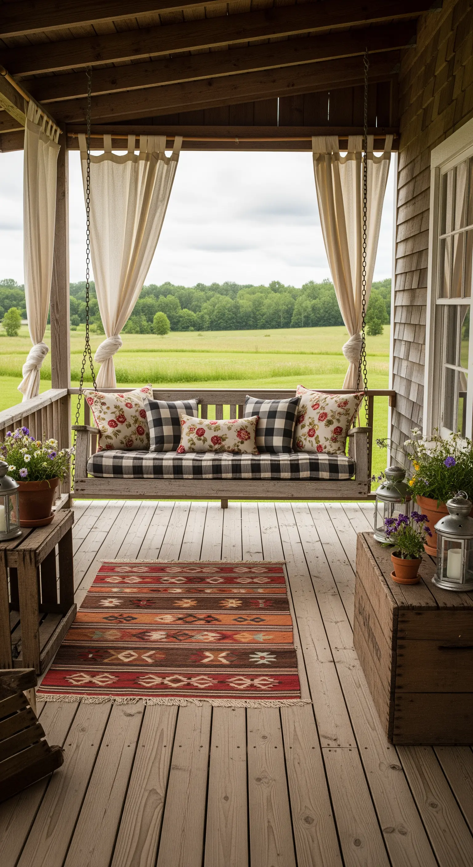 Portico in legno con dondolo, cuscini a quadri e floreali, tappeto kilim e cassette di legno