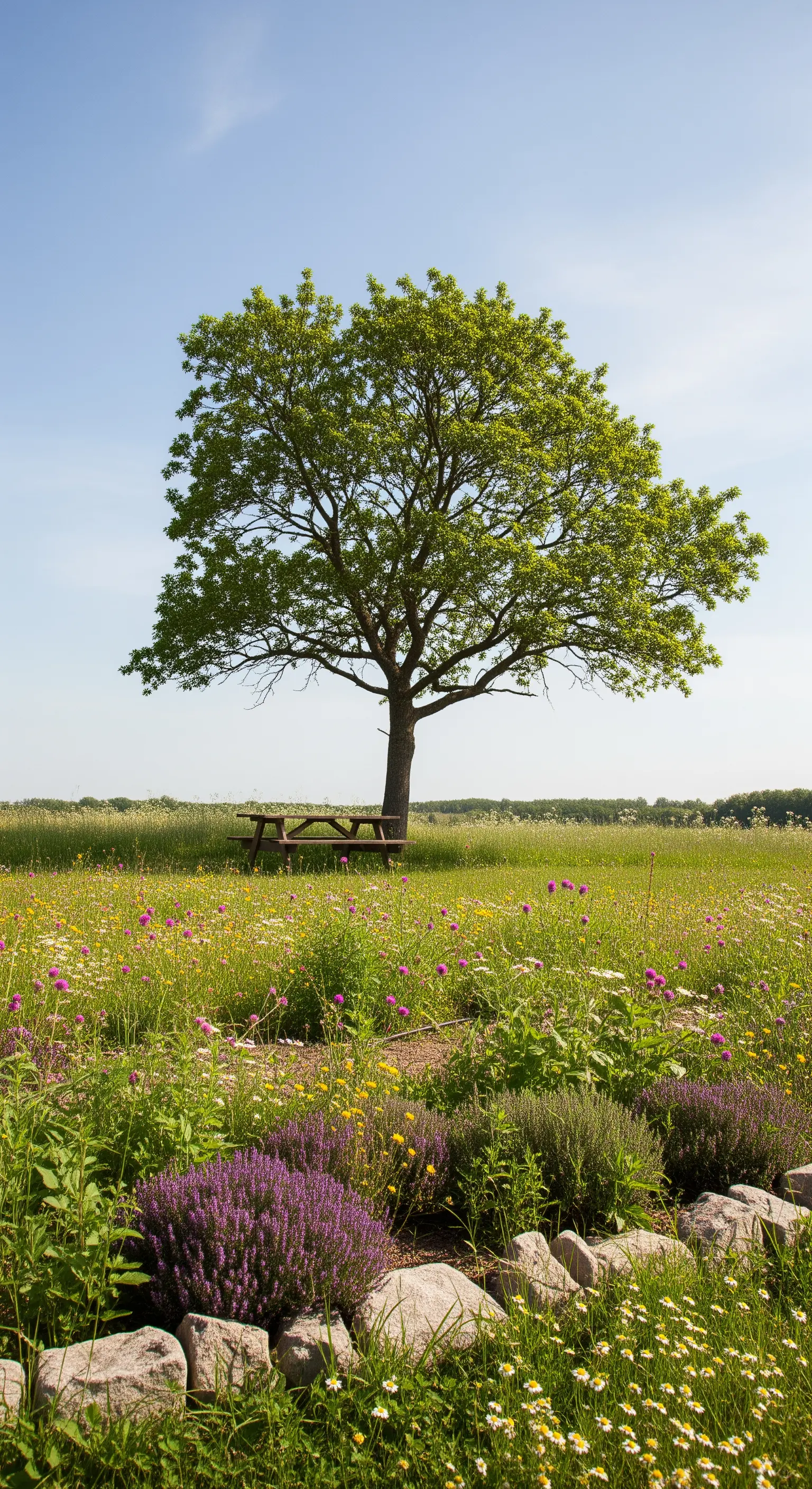 Tavolo da picnic in un campo di fiori selvatici e erbe aromatiche con un bordo di pietre.