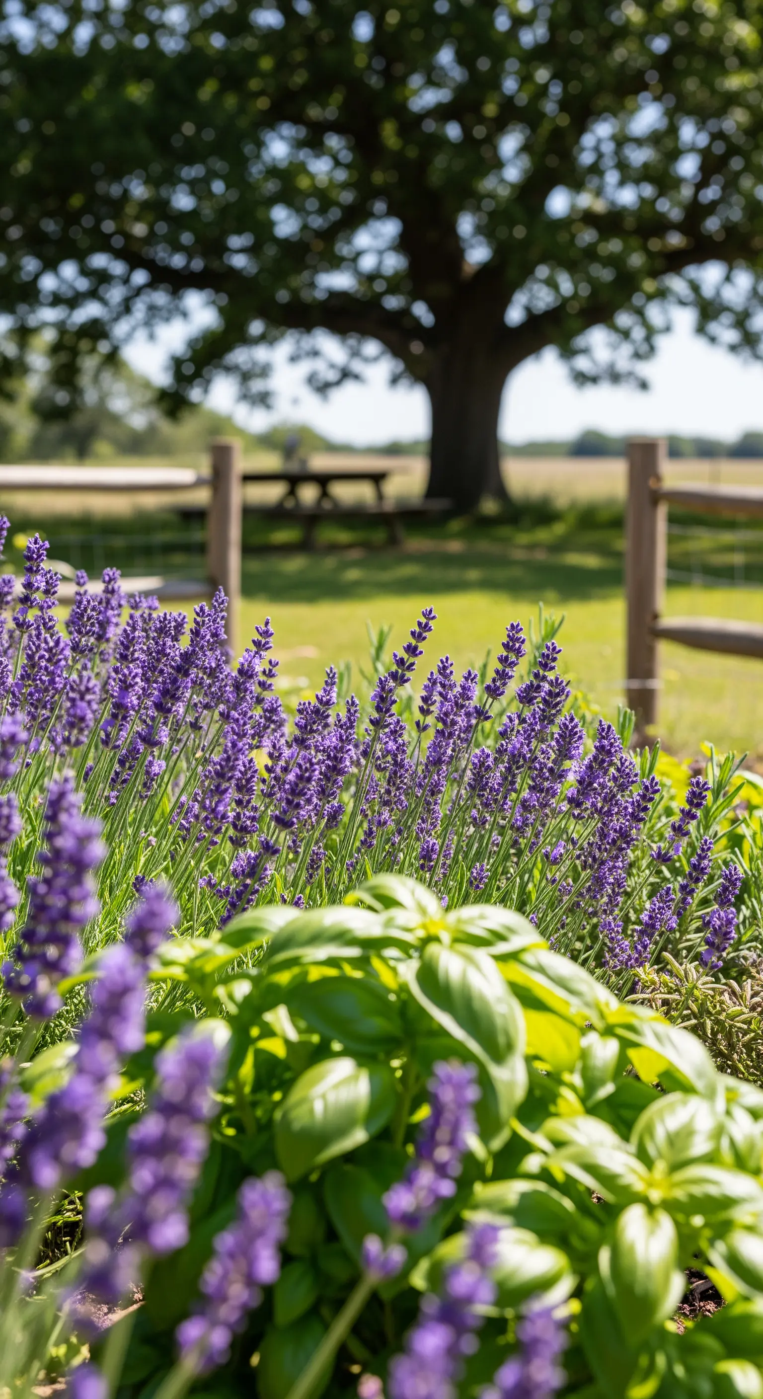 Primo piano di lavanda e basilico in fiore in un orto, con un tavolo da picnic sullo sfondo.