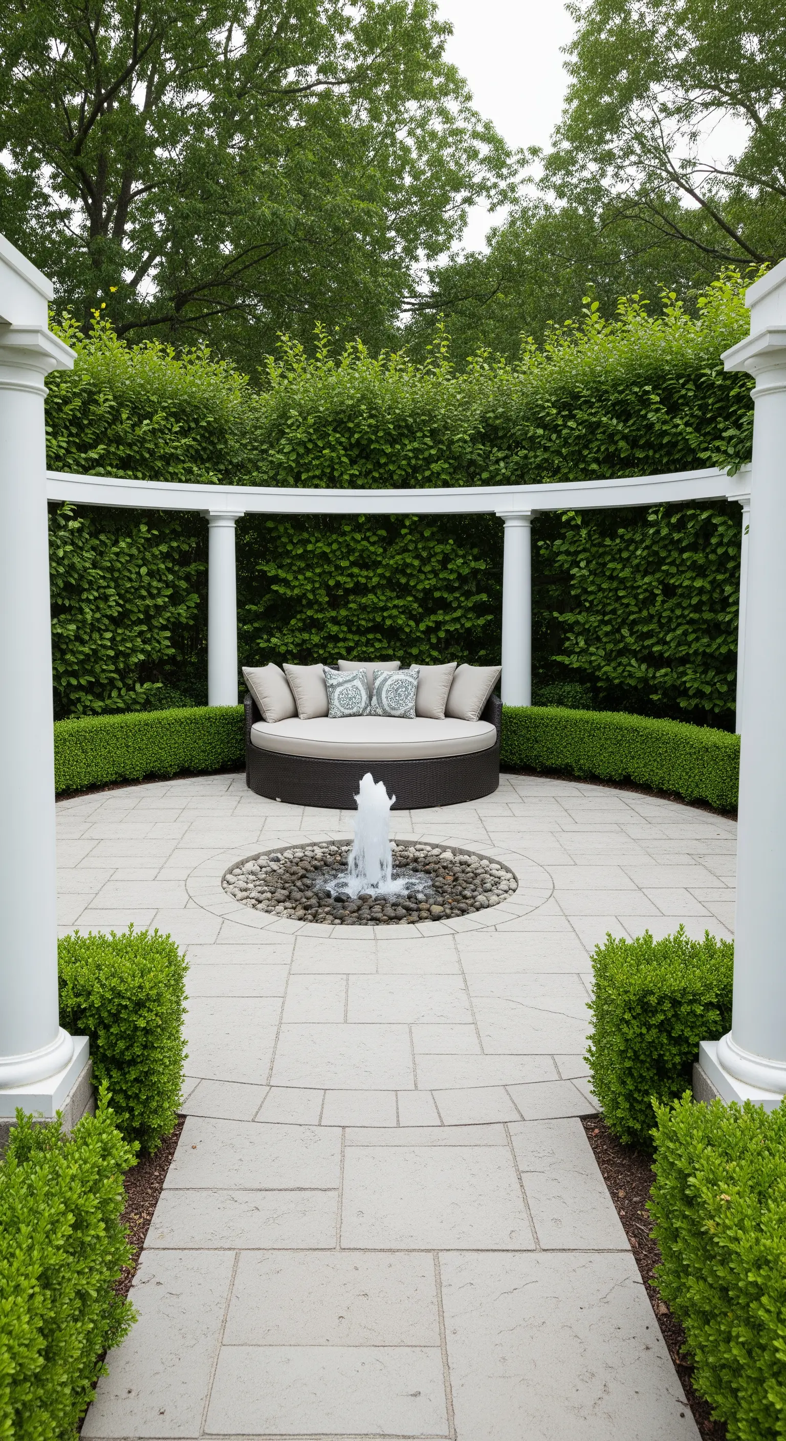 Patio con sentiero che conduce a un divano circolare incastonato in una siepe curva.