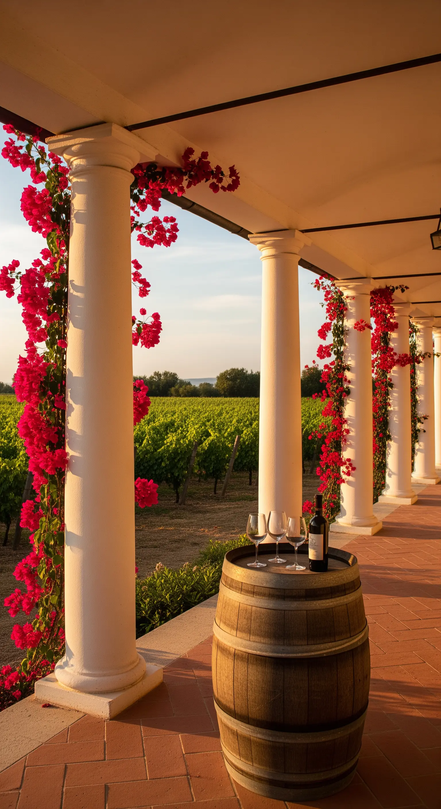 Botte di legno usata come tavolo con calici di vino su un portico affacciato su una vigna