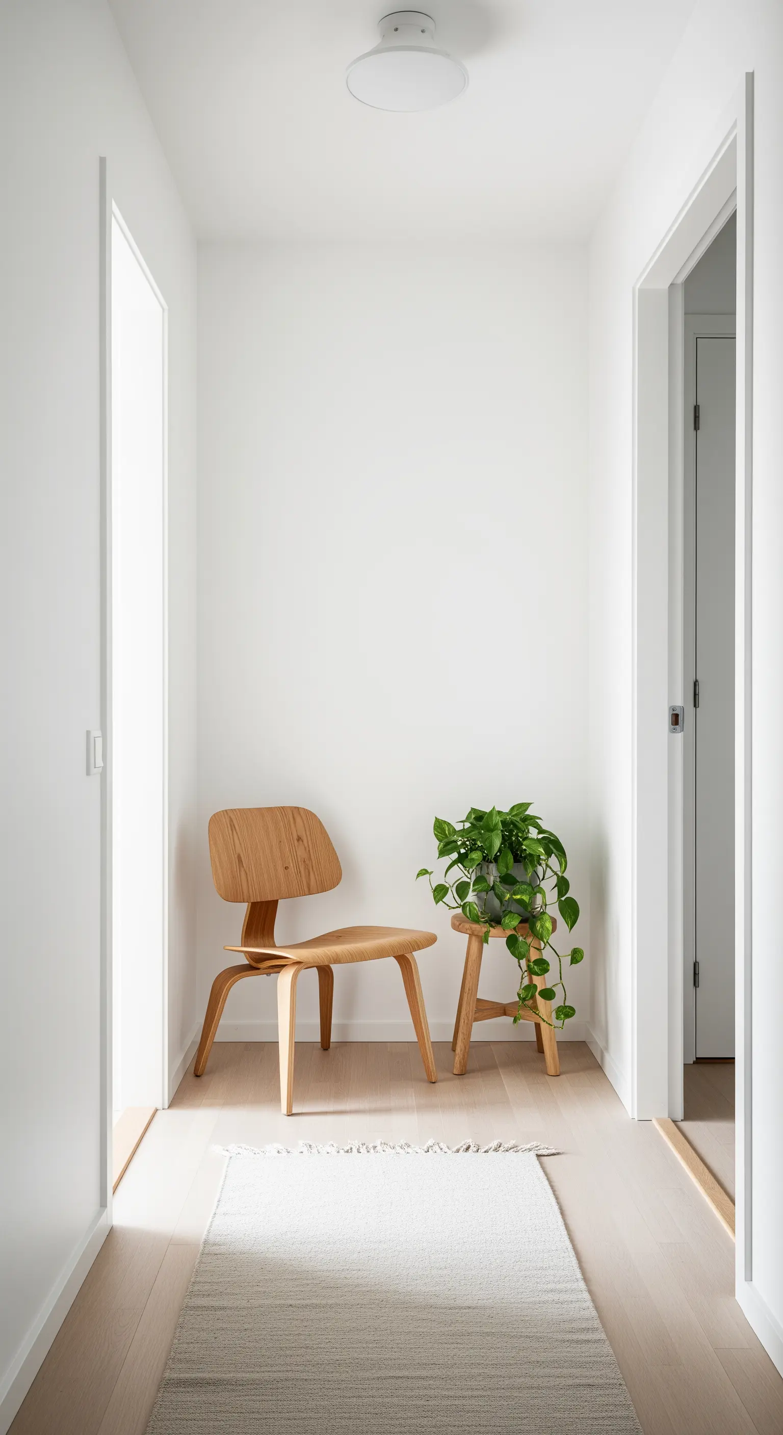Angolo minimalista con sedia di design in legno chiaro e pianta su uno sgabello.