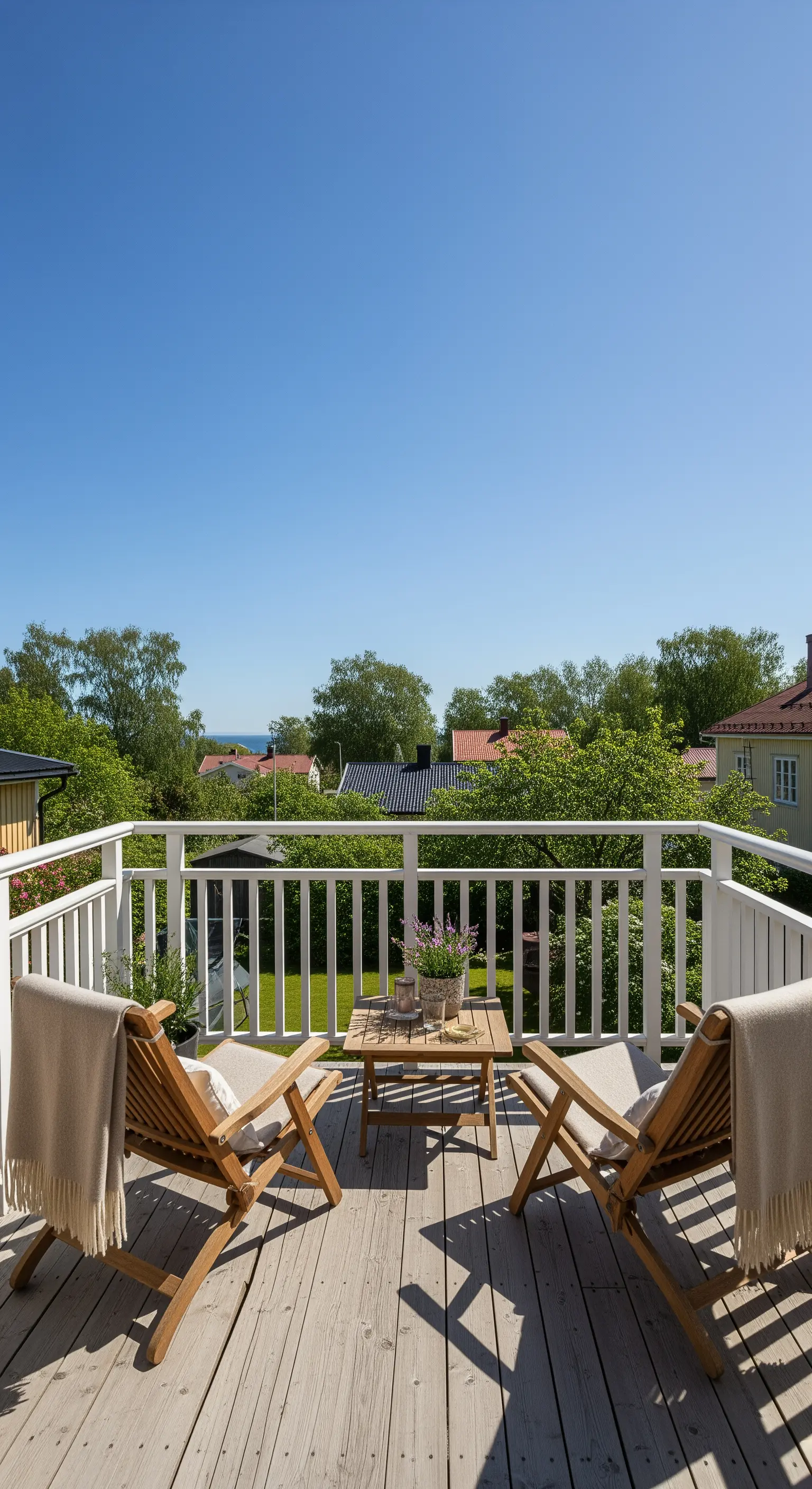 Balcone con vista su un giardino, arredato con due sedie in legno e plaid color crema.