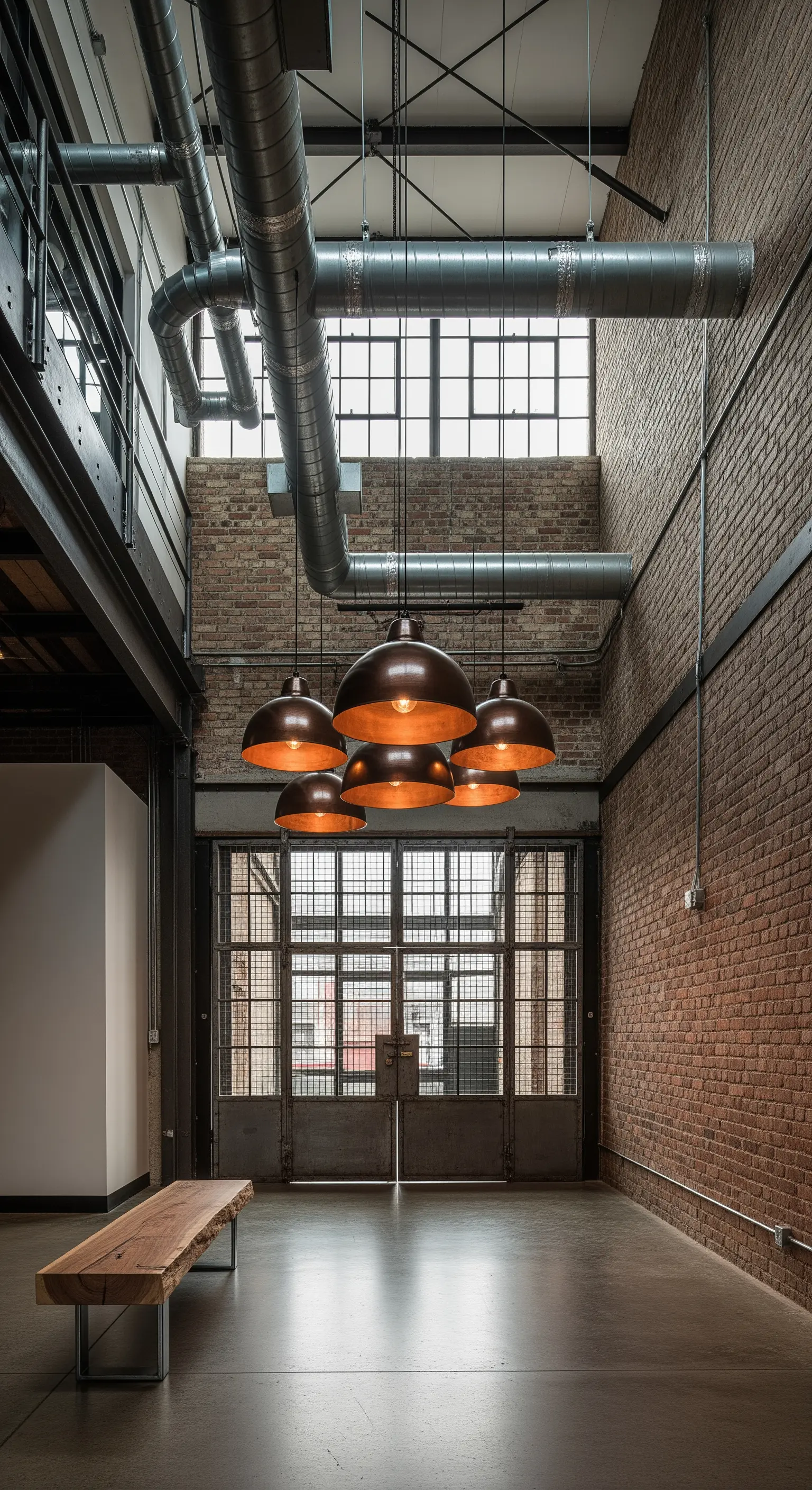 Loft industriale con mattoni a vista e un gruppo di grandi lampade a cupola in rame.