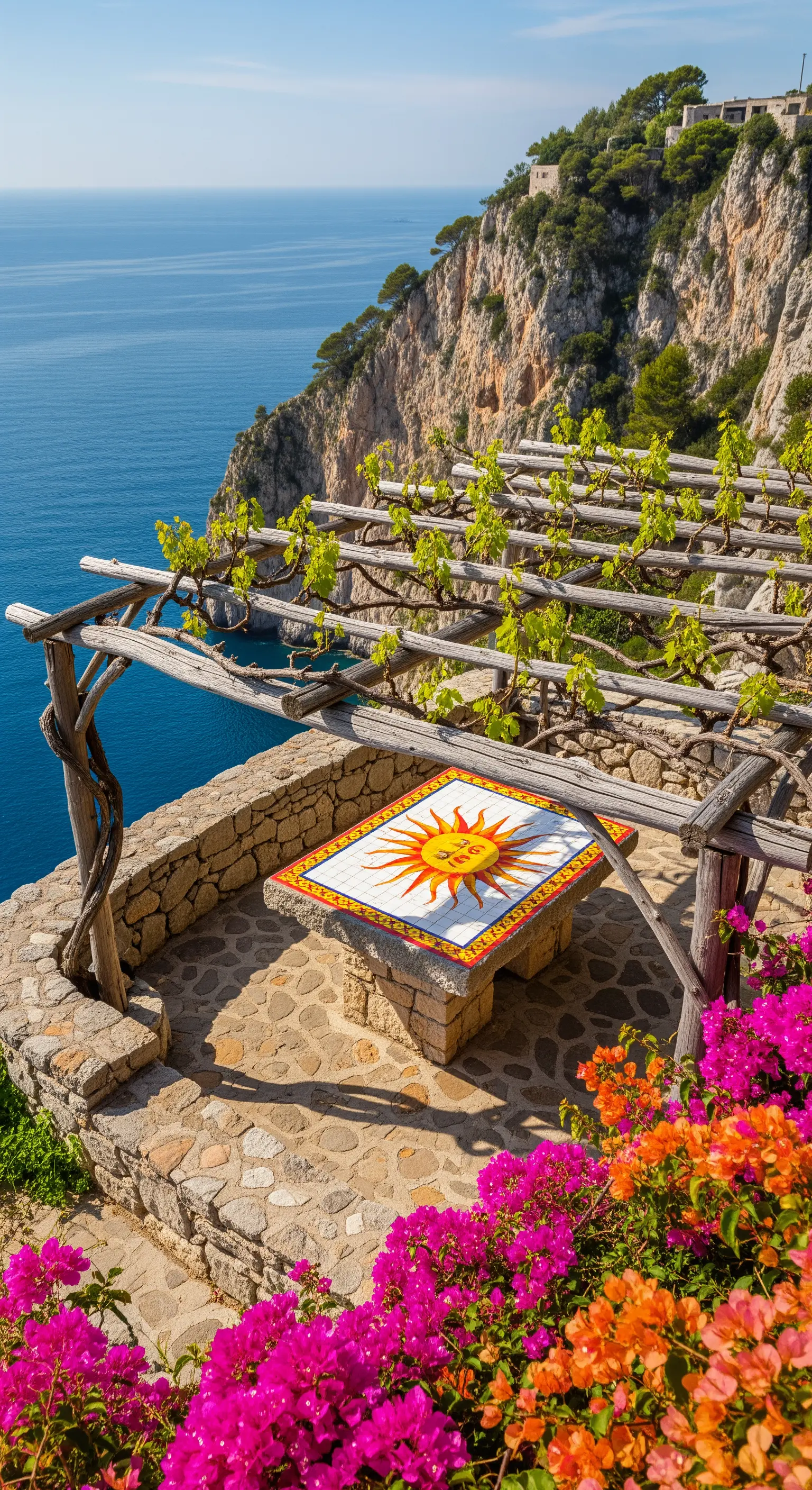 Tavolo in mosaico con disegno di un sole su una terrazza a picco sul mare.
