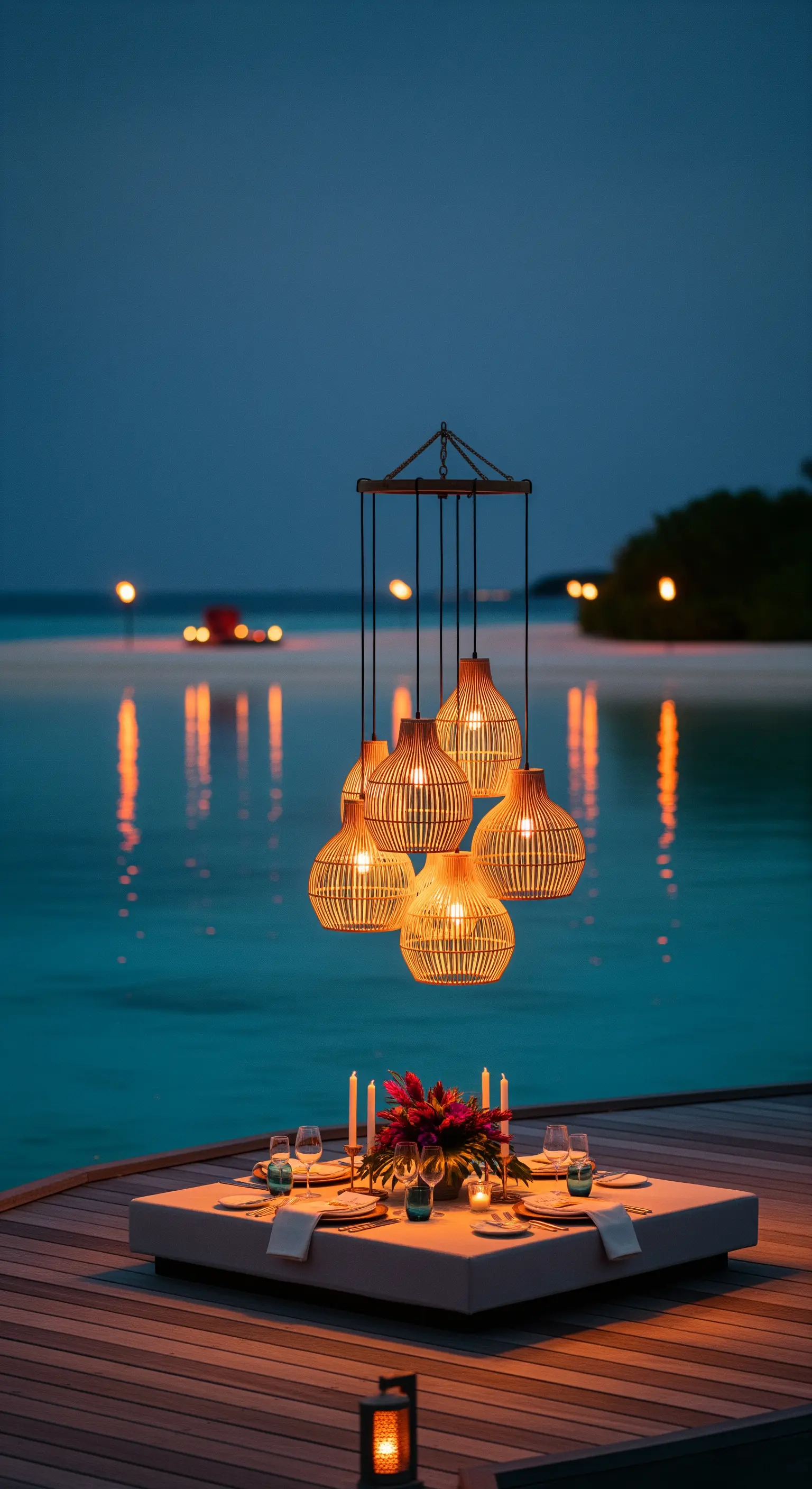 Tavola apparecchiata su un molo con un lampadario in bambù che pende sopra il centro.